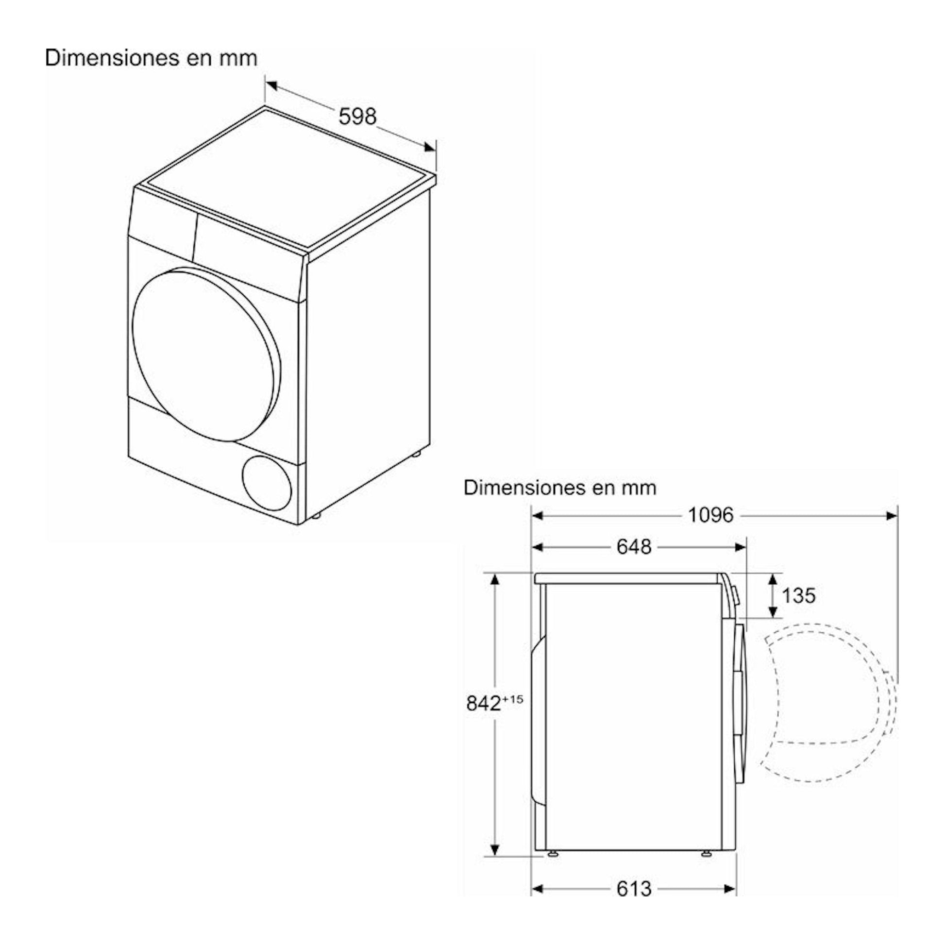 Secadora Siemens WQ45G2D0ES, dibujo técnico en vista frontal y lateral con dimensiones en mm.