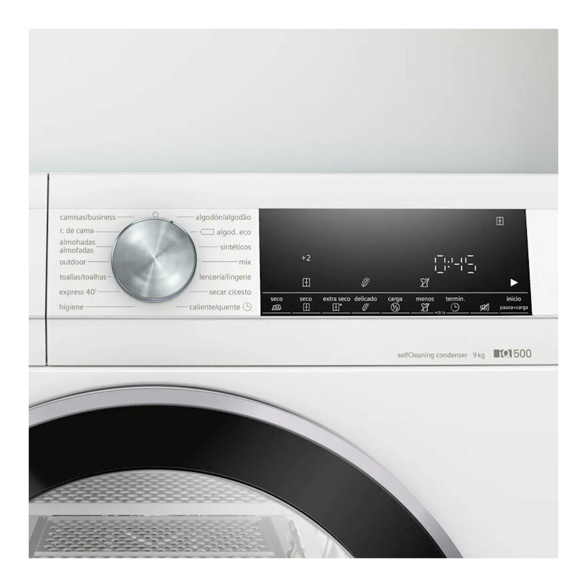 Secadora Siemens WQ45G2D0ES blanca, vista frontal, con panel digital y puerta circular.