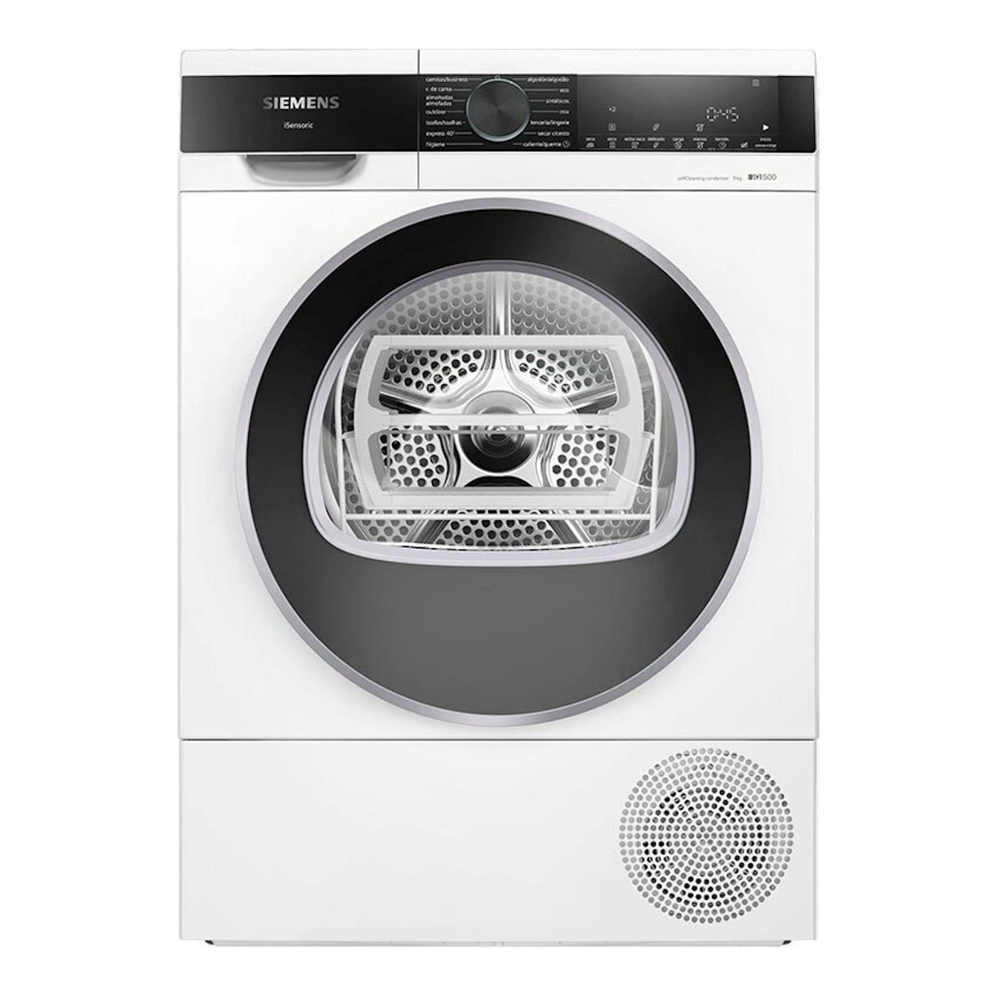 Secadora Siemens WQ45G2D1ES blanca, vista frontal, con puerta redonda negra y panel de control superior.
