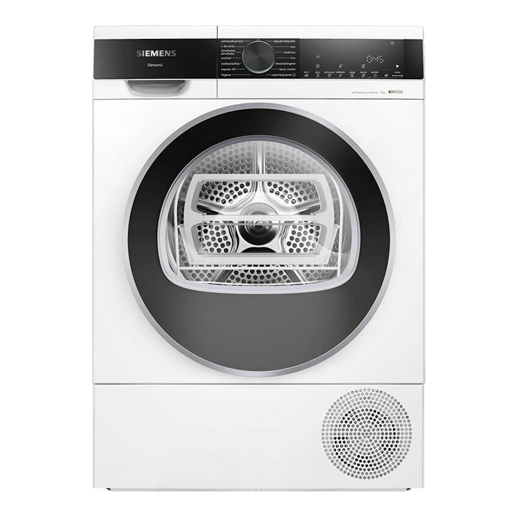 Secadora Siemens WQ45G2D1ES blanca, vista frontal, con puerta redonda negra y panel de control superior.
