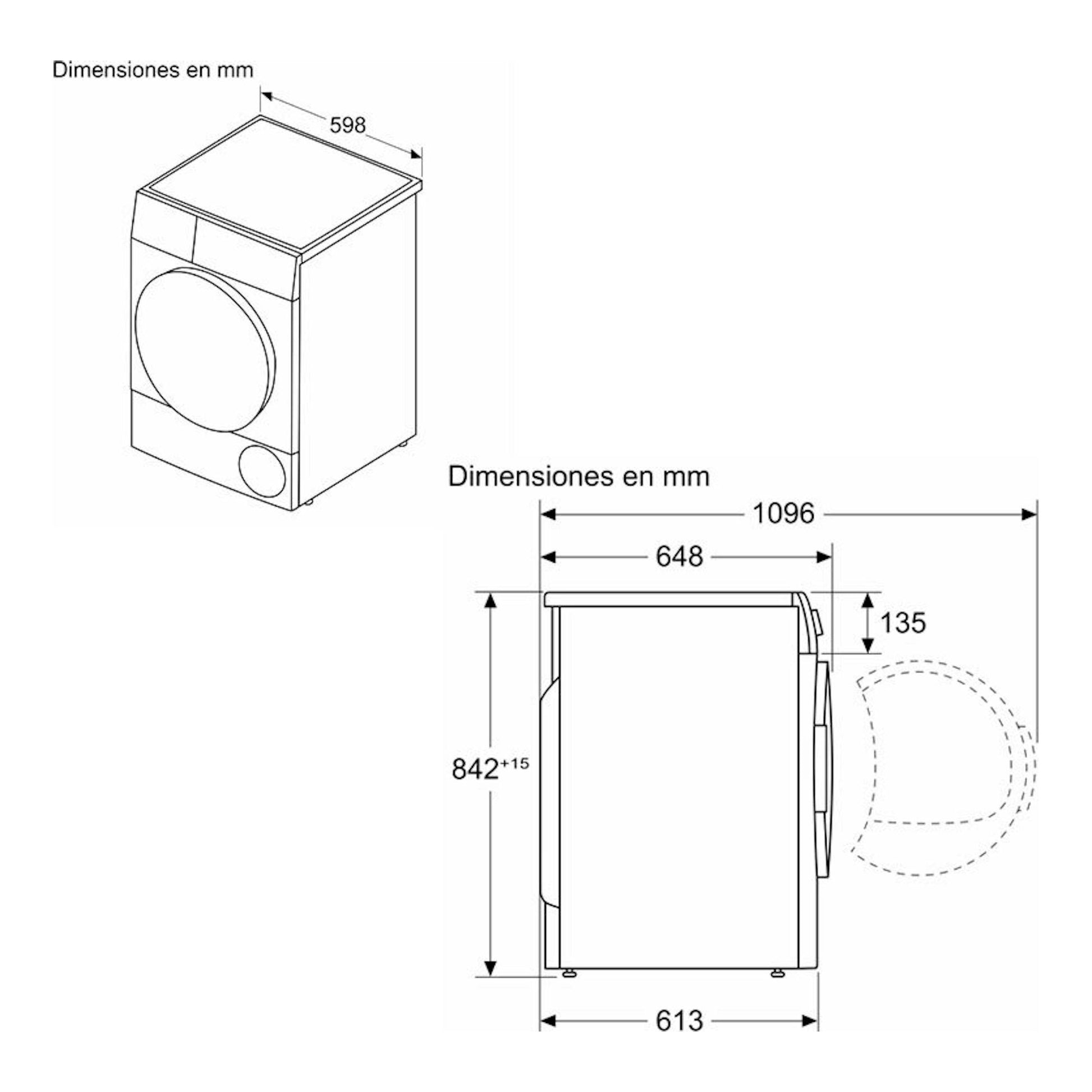 Secadora Siemens WQ45G2D1ES, esquema técnico en blanco y negro con vistas frontal y lateral y medidas en mm.