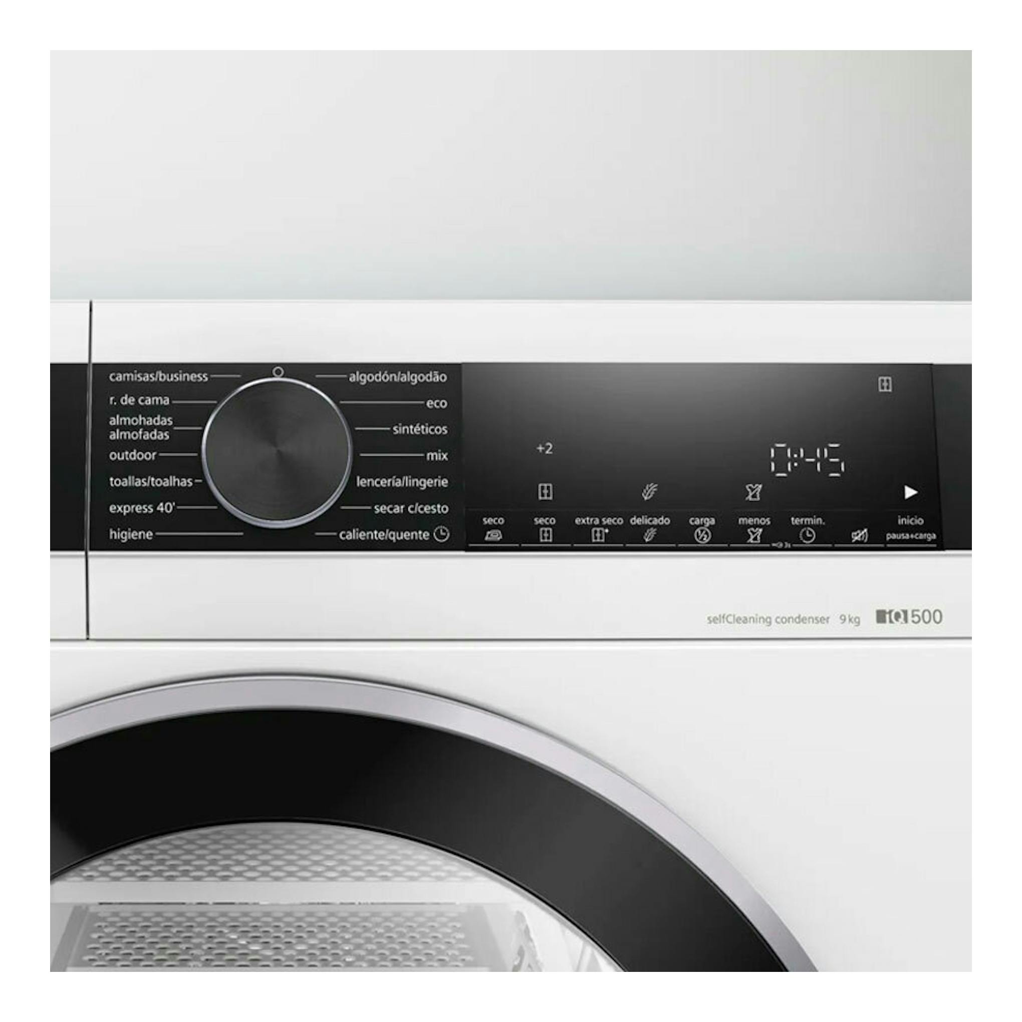Secadora Siemens WQ45G2D1ES blanca, vista frontal, con panel negro y puerta redonda.