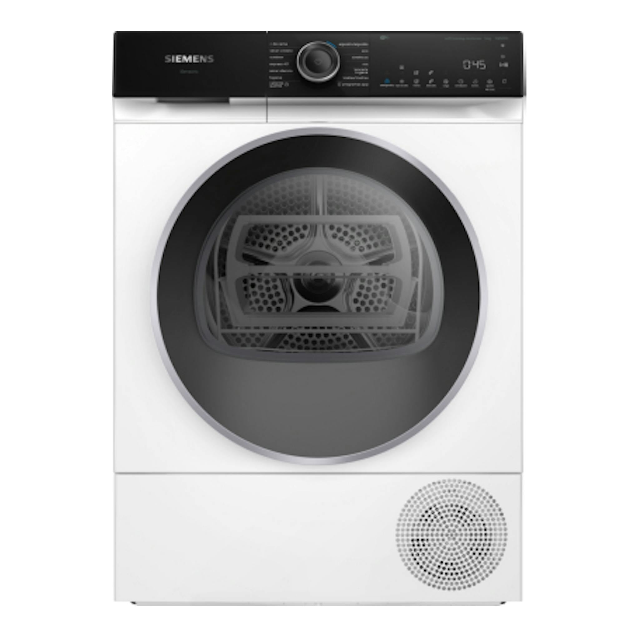 Secadora Siemens WQ46H2B0ES blanca y negra, vista frontal, con puerta circular y panel superior.