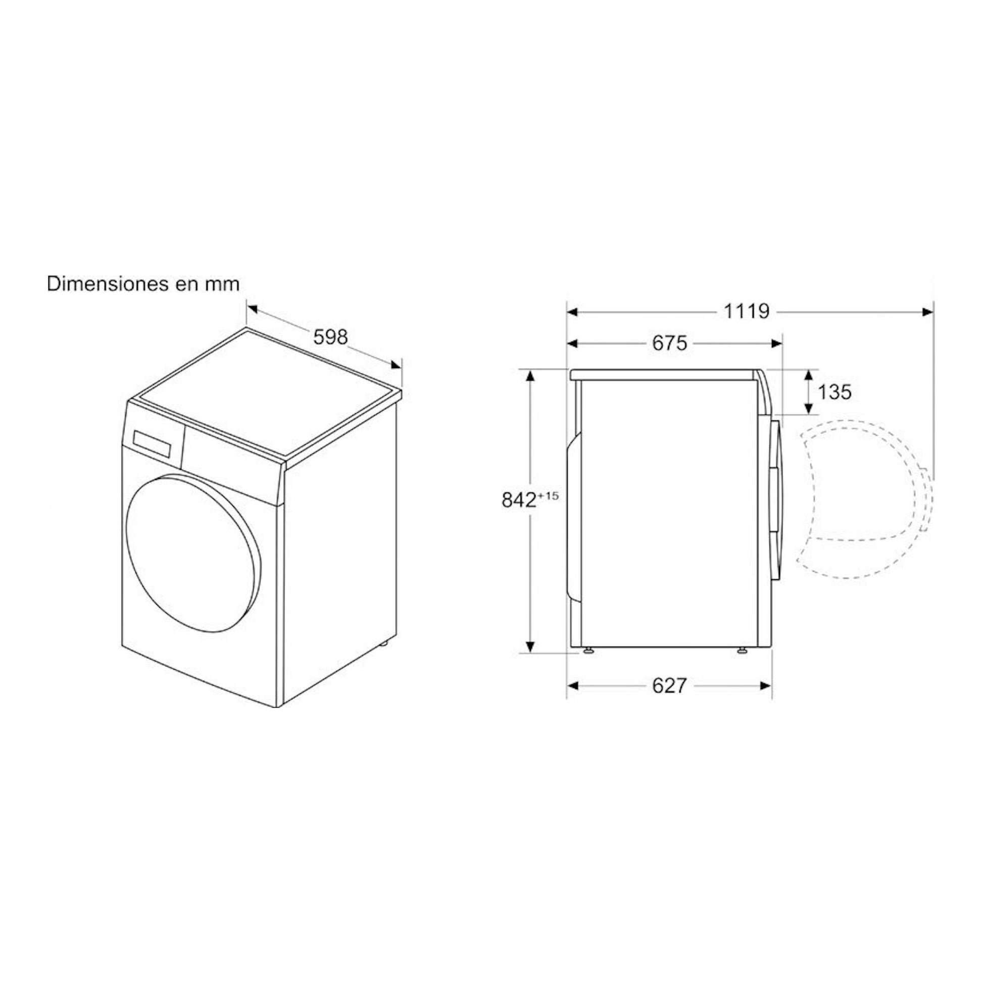 Secadora Siemens WR47B2D0ES, diagrama de dimensiones con vista isométrica y lateral en blanco y negro.