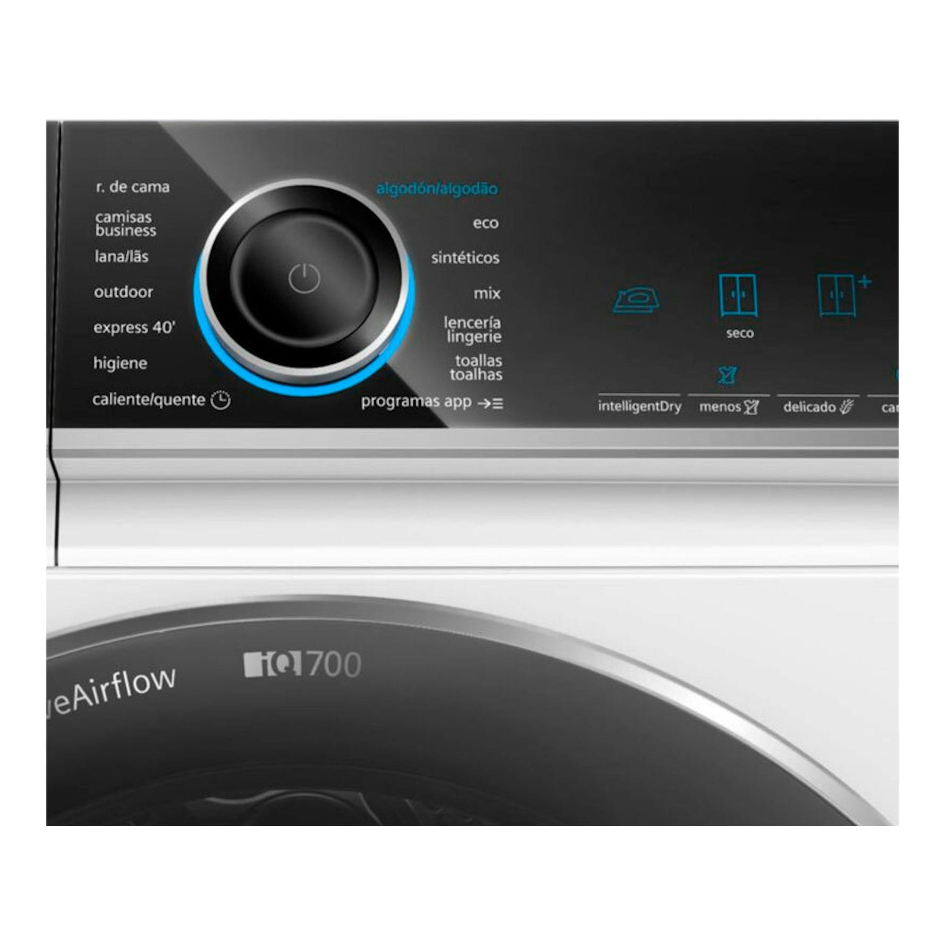 Secadora Siemens WR47B2D0ES blanca, primer plano del panel de control con selector negro y programas.