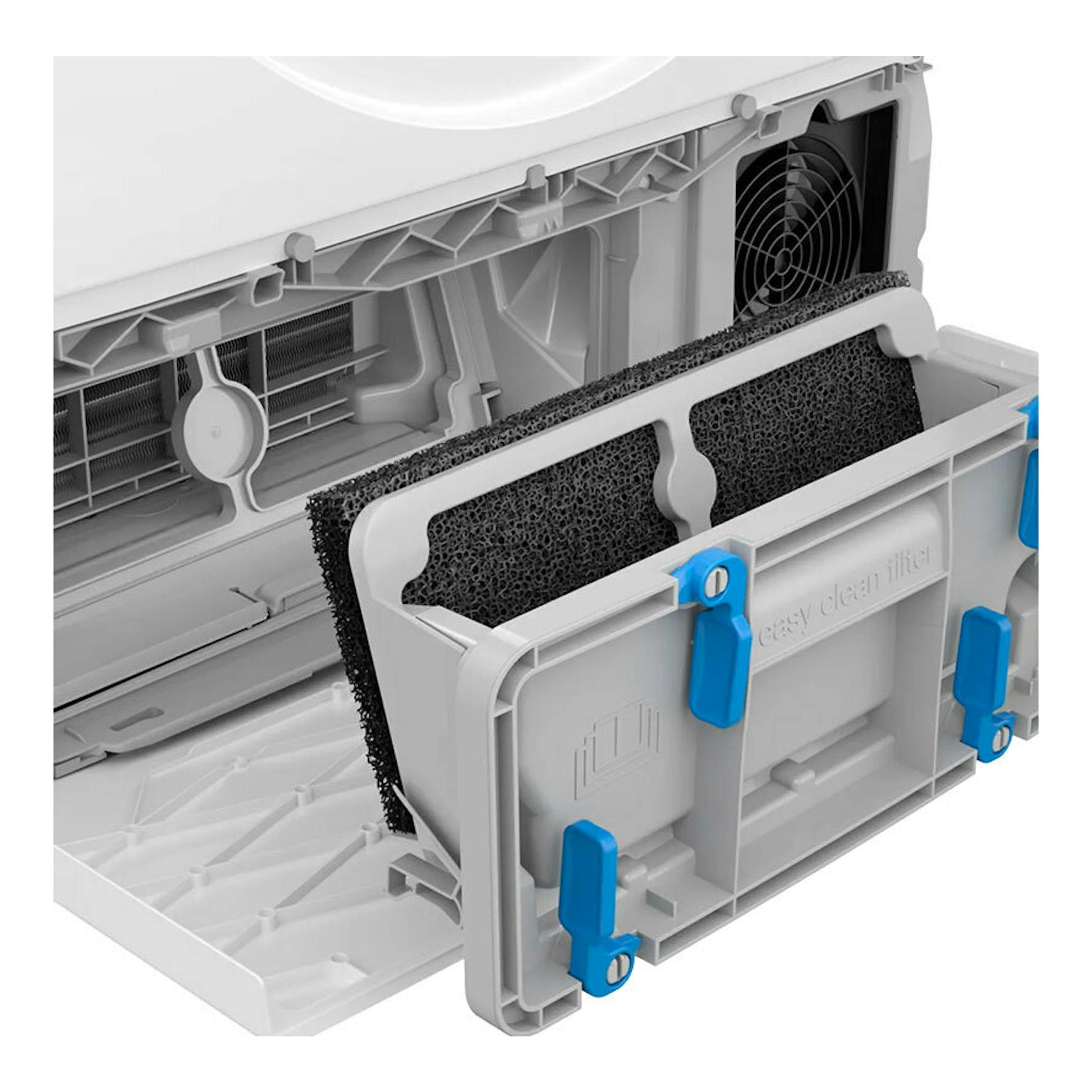 Secadora Siemens WT45HV00ES: vista frontal interior del filtro de pelusas extraíble, en blanco, gris y azul.
