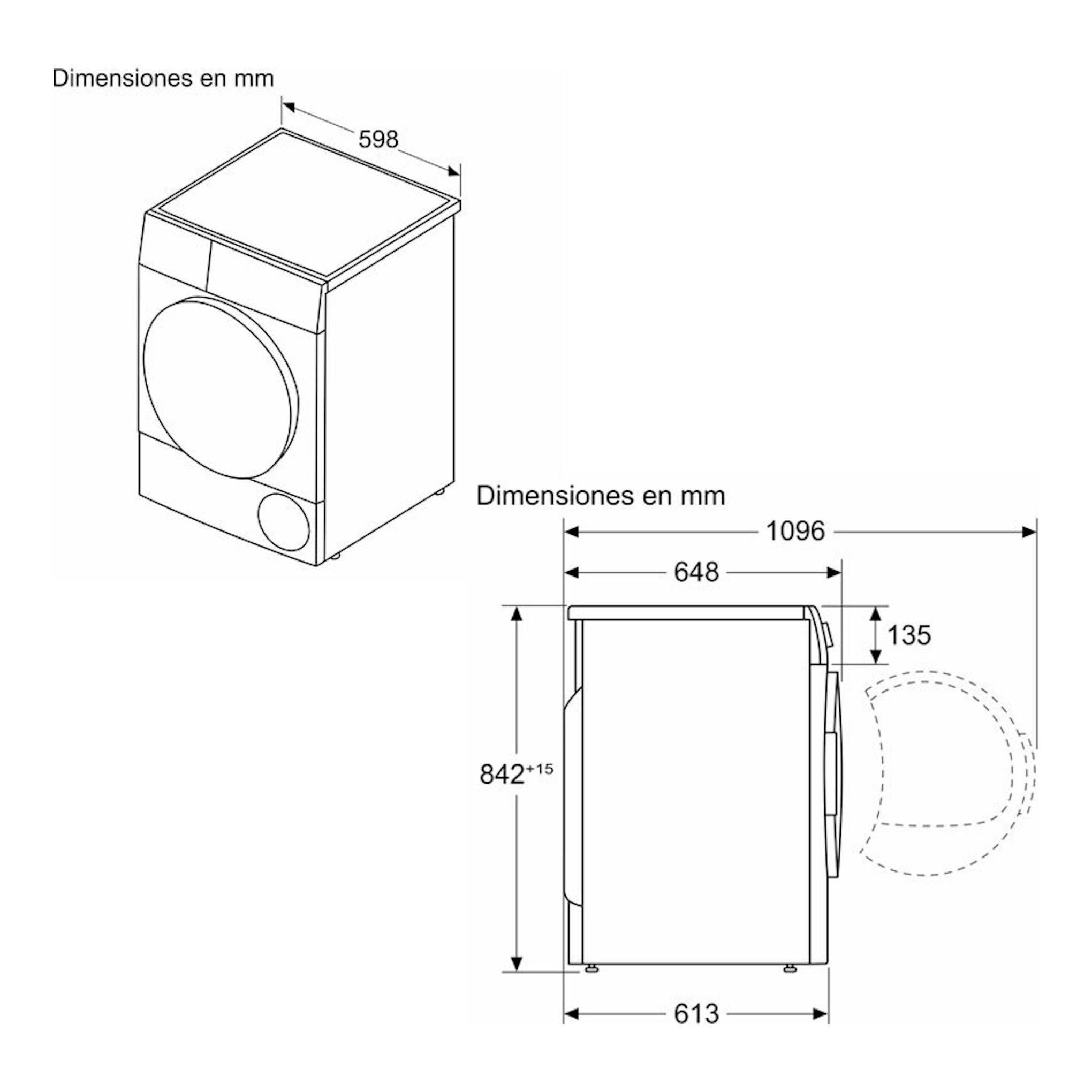 Secadora Siemens WT45HV00ES, dibujo técnico en vista frontal y lateral con dimensiones en mm.