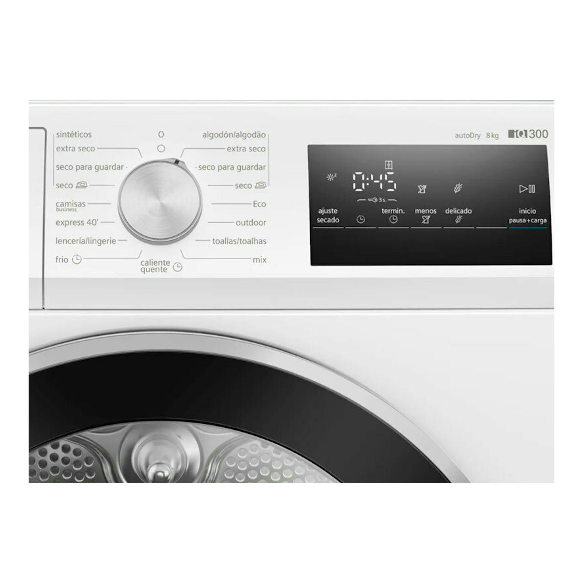 Secadora Siemens iQ300 WT45HV00ES plateada, vista frontal parcial con mando y panel digital.