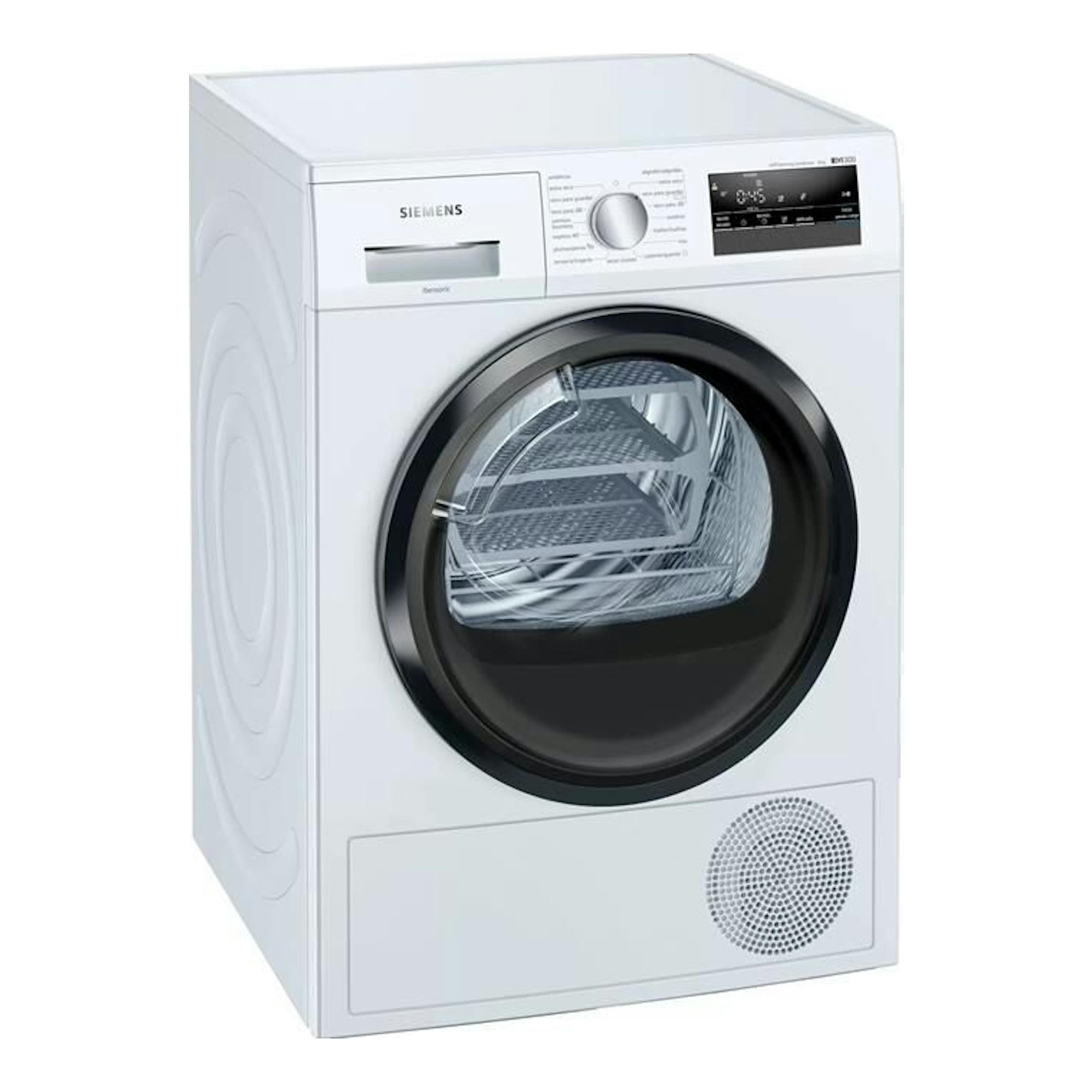 Secadora Siemens WT45M260ES blanca, vista frontal en ángulo, con puerta circular y panel digital.