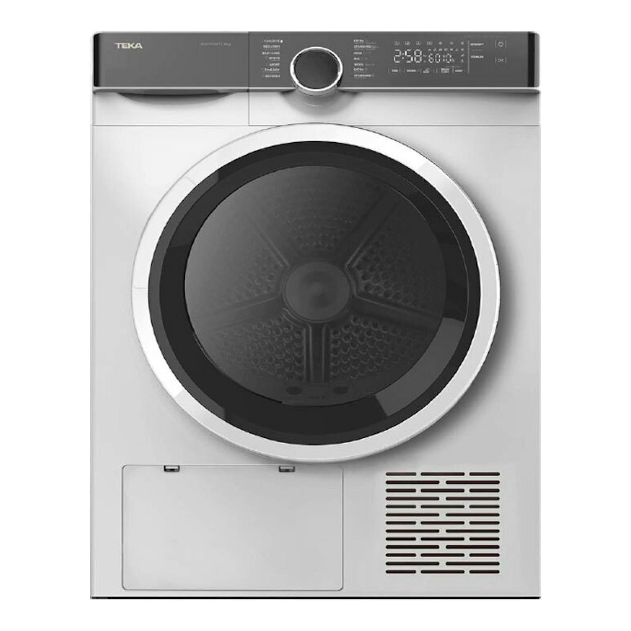 Secadora Teka SHK70840 blanca, vista frontal, con puerta circular negra y panel digital superior.