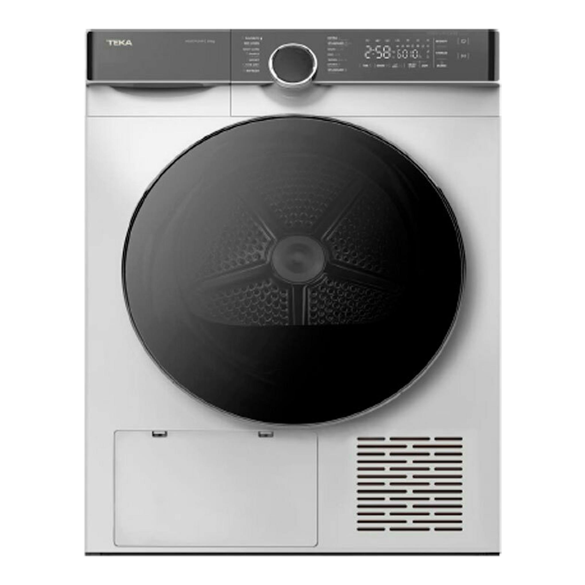 Secadora Teka SHK81030 blanca, vista frontal, con puerta circular negra y panel superior de control.