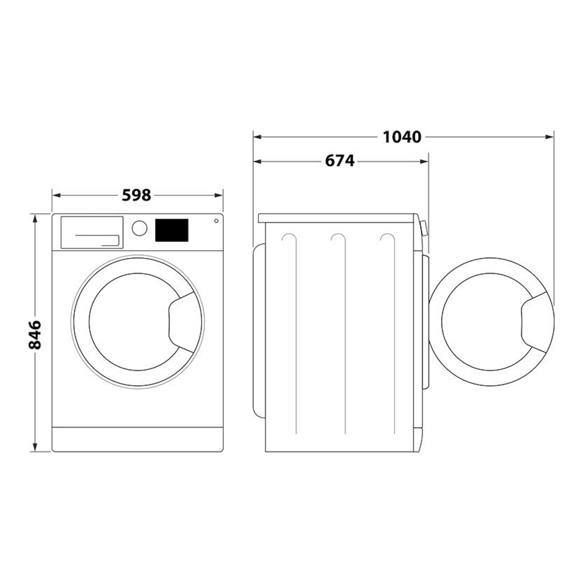 Secadora Whirlpool CWD104MWBSSPT 10Kg, vista frontal y lateral, dibujo técnico blanco con medidas.