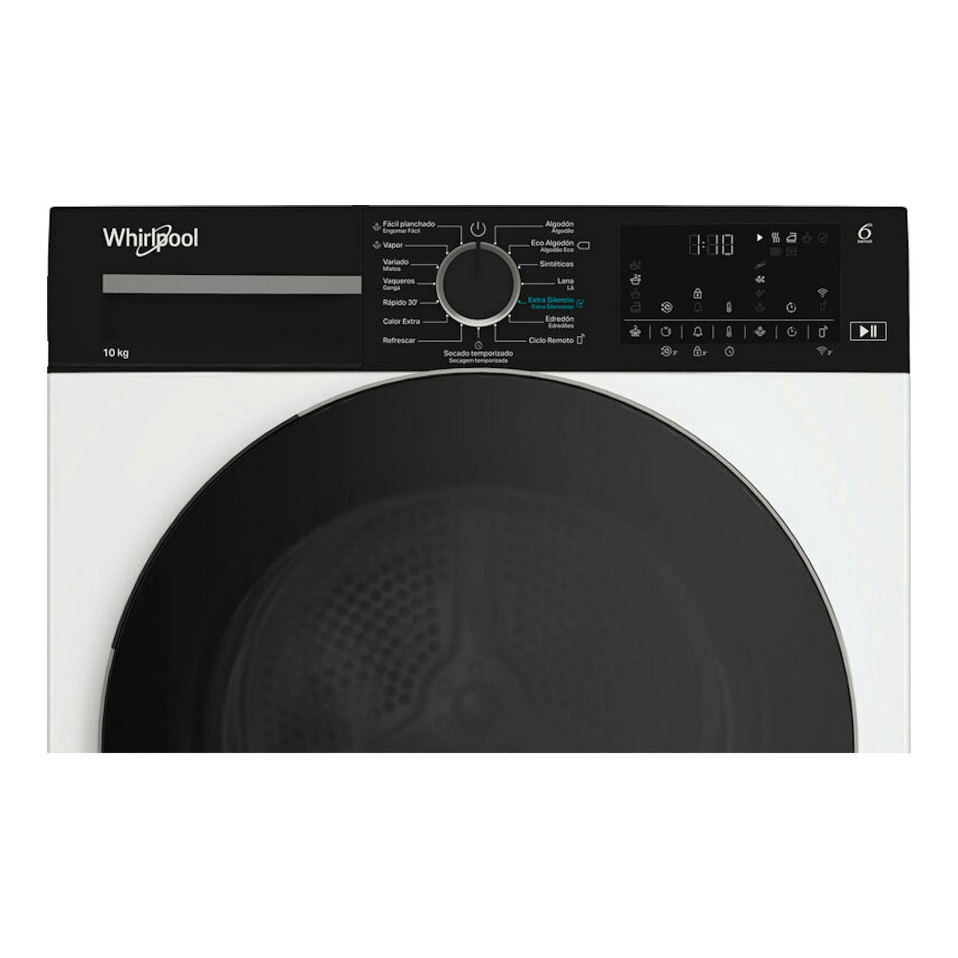 Secadora Whirlpool CWD104MWBSSPT de 10 kg, vista frontal, blanca con panel superior negro y puerta circular negra.