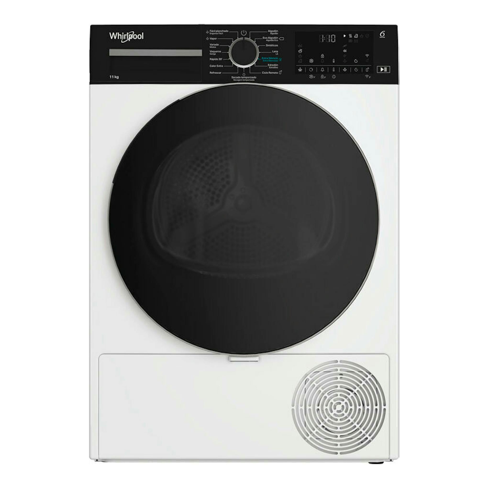 Secadora Whirlpool CWD113MWBSSPT blanca y negra, vista frontal, capacidad 11 kg.