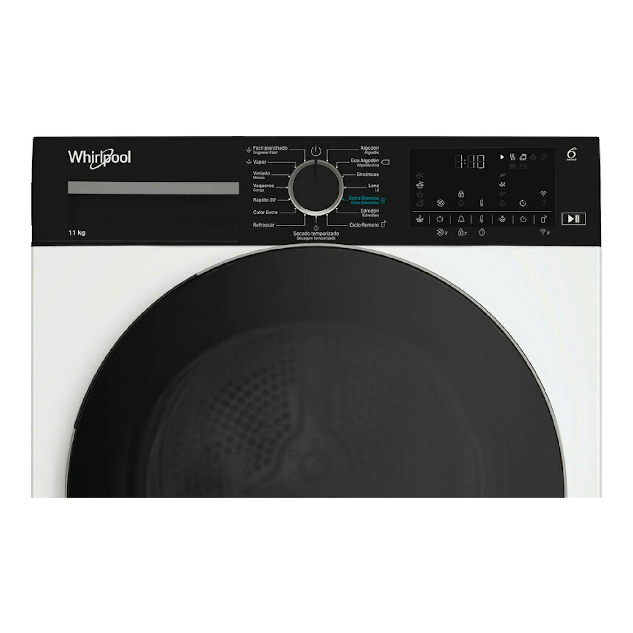 Secadora Whirlpool CWD113MWBSSPT de 11 kg, vista frontal, blanca y negra, con panel digital y puerta circular.