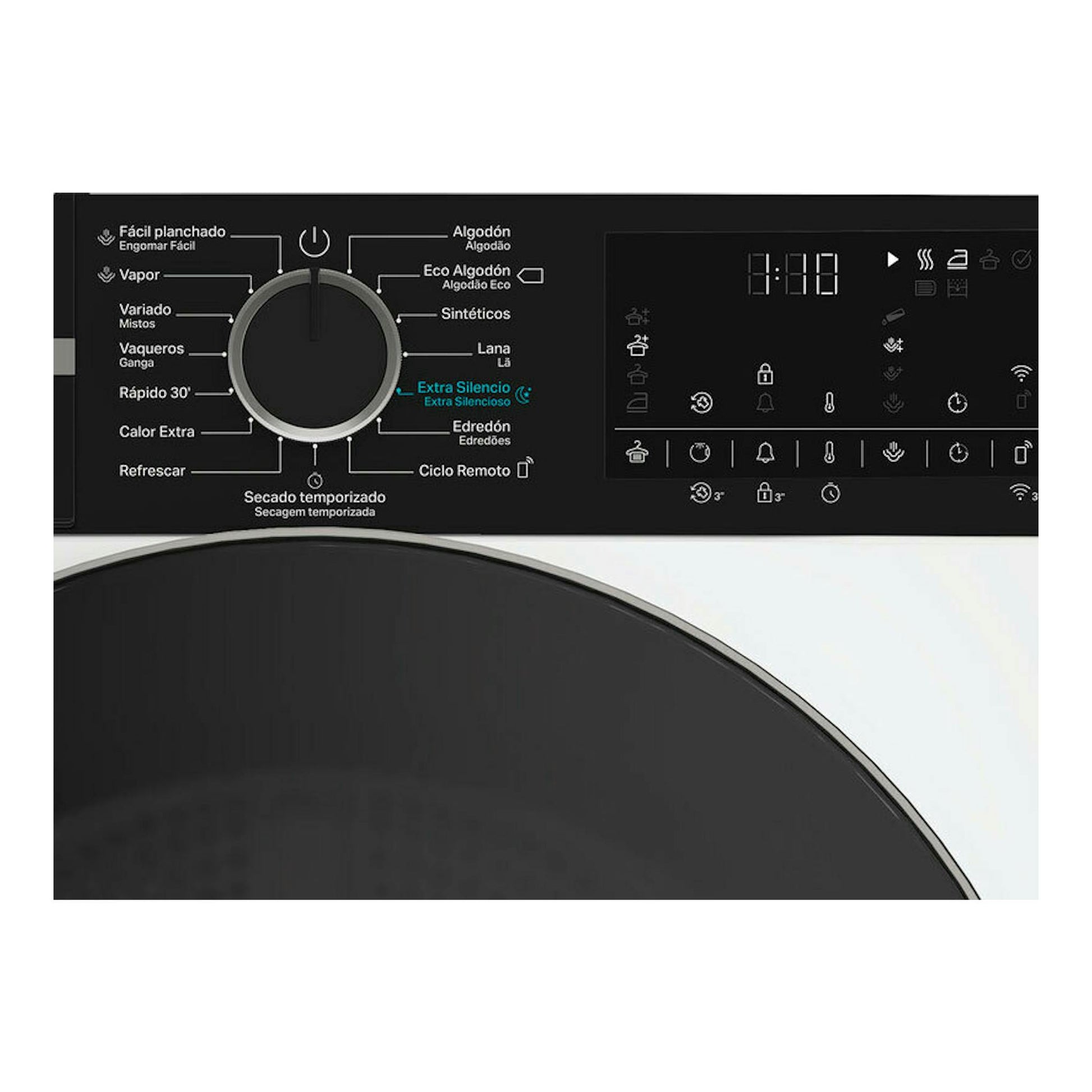 Secadora Whirlpool CWD113MWBSSPT negra, vista frontal del panel de control con selector y pantalla.