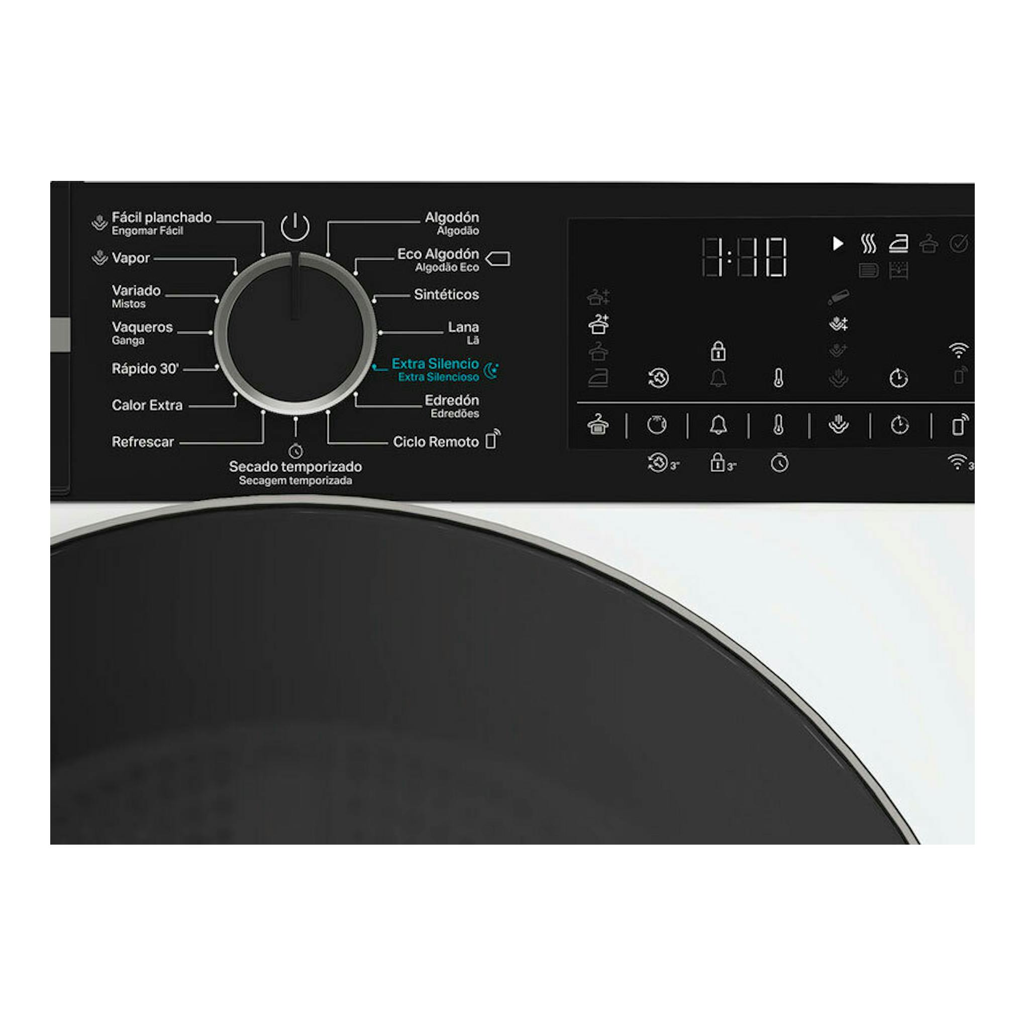 Secadora Whirlpool CWD113MWBSSPT negra, vista frontal del panel de control con selector y pantalla.