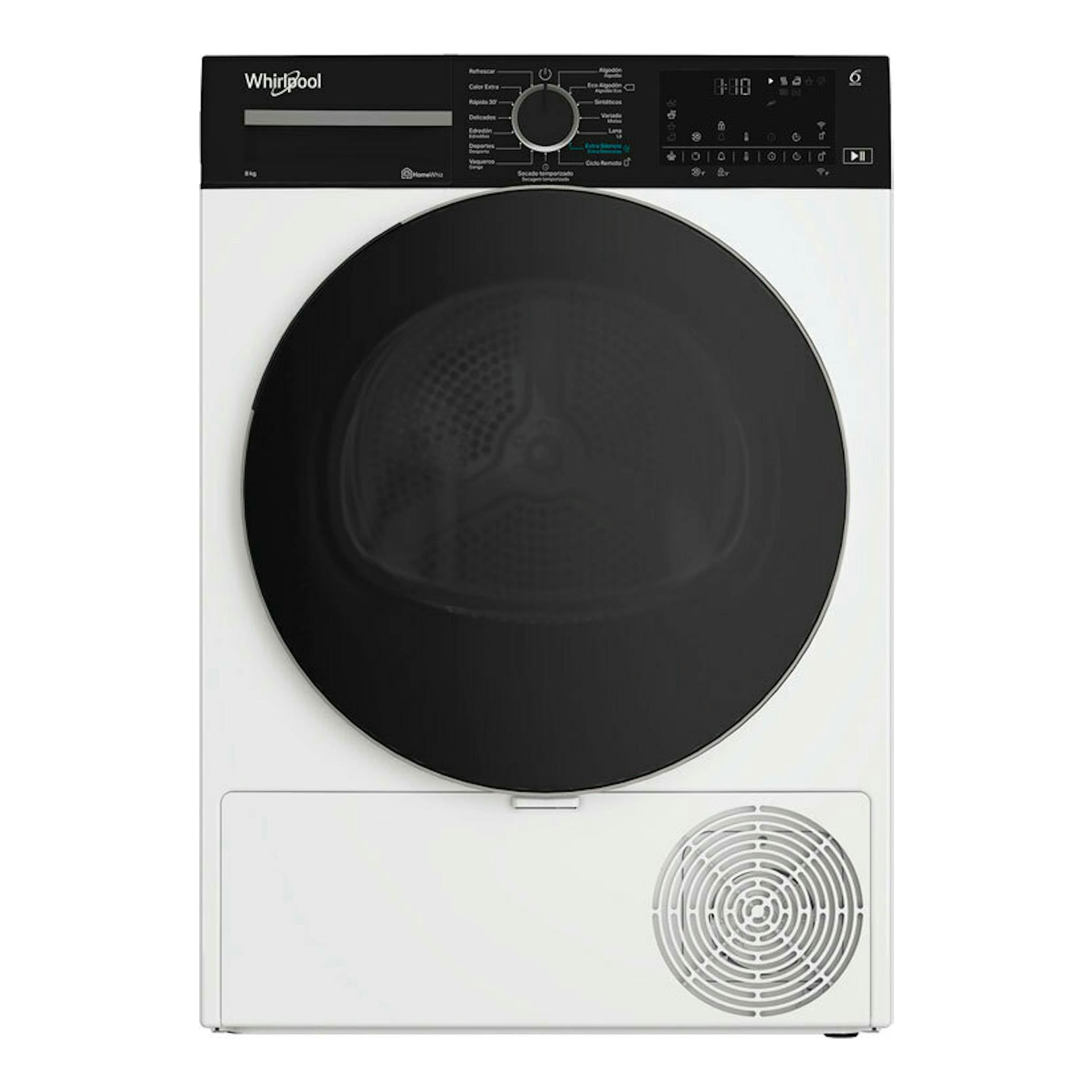 Secadora Whirlpool CWD84MWBSSPT de 8 kg, vista frontal, blanca con puerta circular negra y panel superior negro.