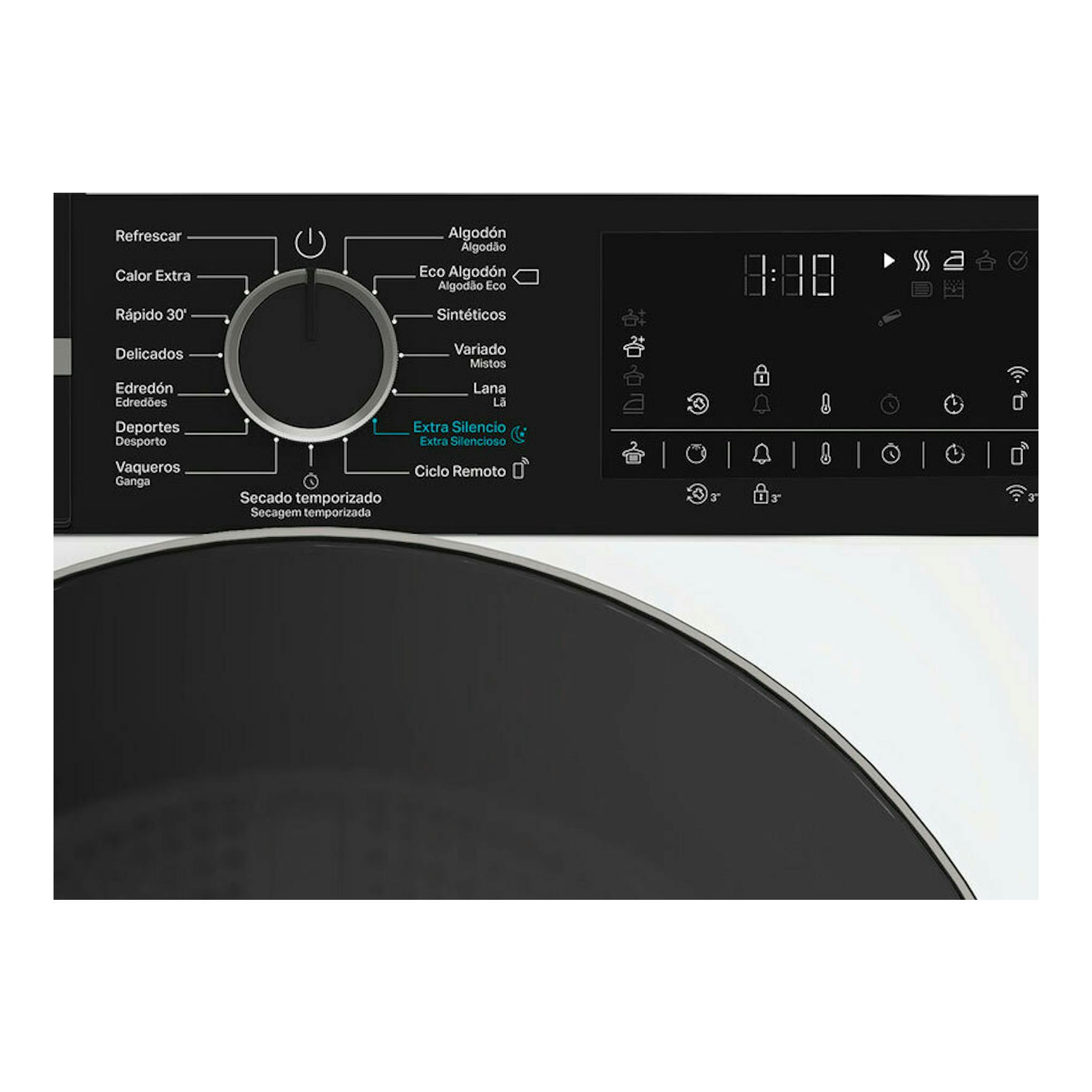 Secadora Whirlpool CWD84MWBSSPT negra, vista frontal parcial del panel con selector y pantalla digital.