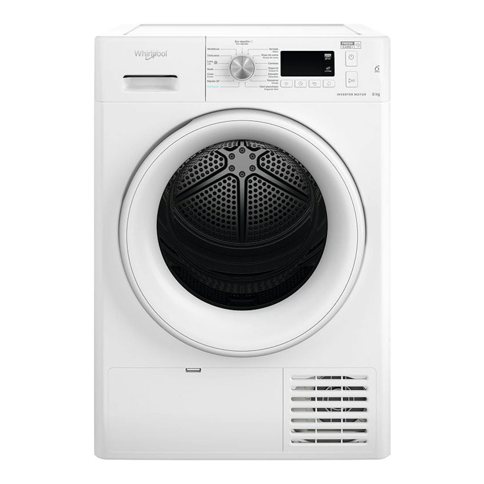 Secadora frontal Whirlpool FFTM1182SPT blanca, vista frontal, con puerta circular, panel digital y 8 kg.