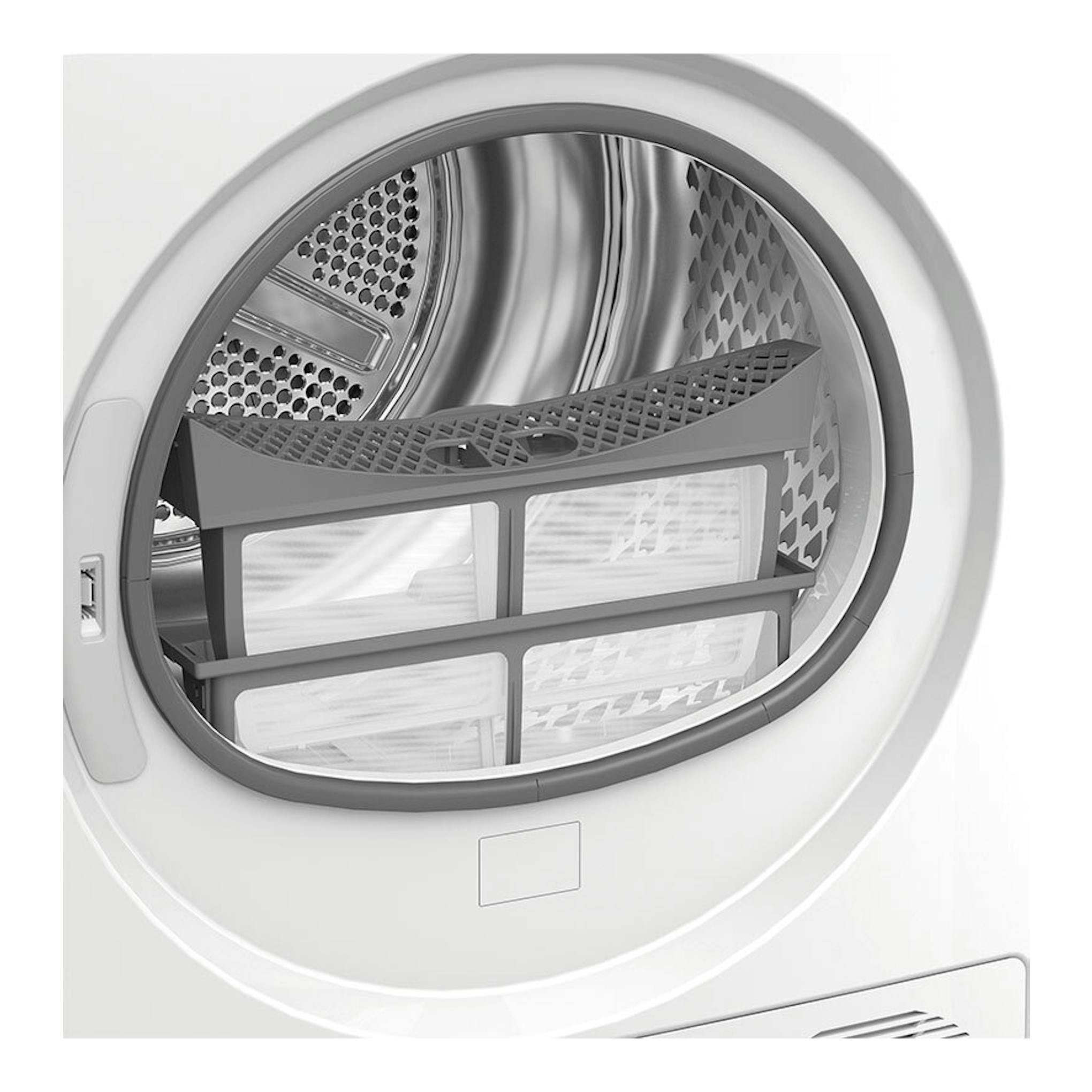 Secadora Whirlpool CWD94MWBSSPT blanca, vista frontal de la puerta abierta con filtro de pelusas.