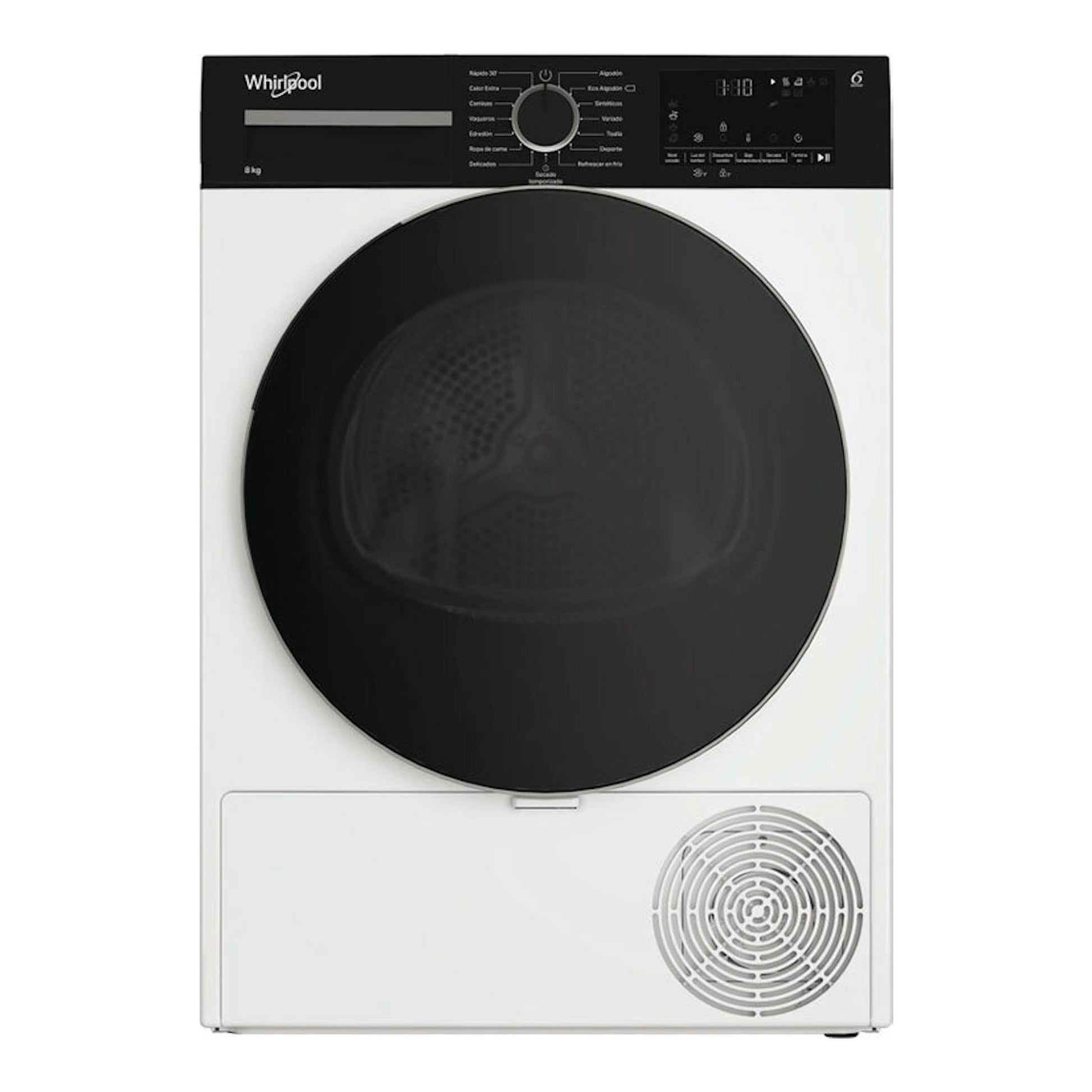 Secadora Whirlpool CWSD83MWBSES de 8 kg, vista frontal, blanca con puerta circular negra y panel superior.