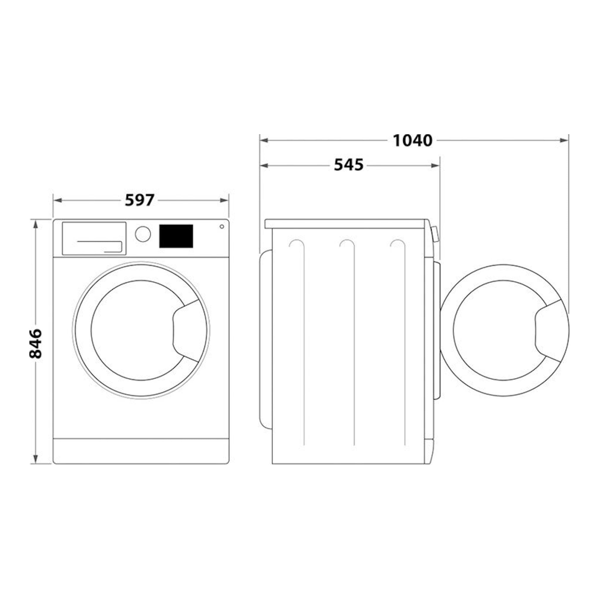 Secadora Whirlpool CWSD83MWBSES, dibujo técnico en vistas frontal y lateral con medidas.
