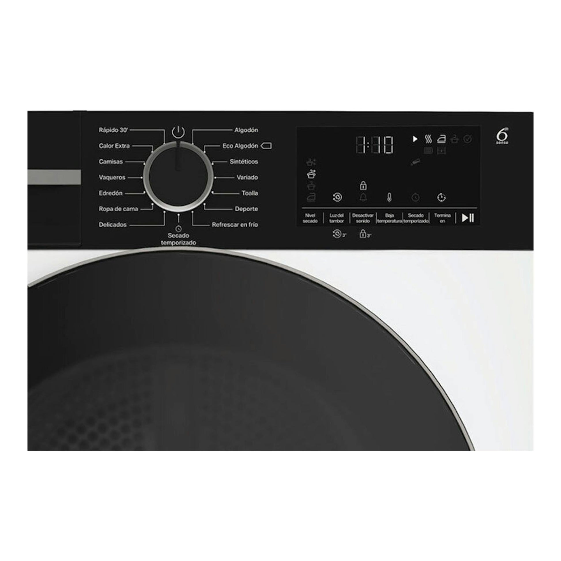 Secadora Whirlpool CWSD83MWBSES negra, vista frontal del panel con perilla central y display digital.