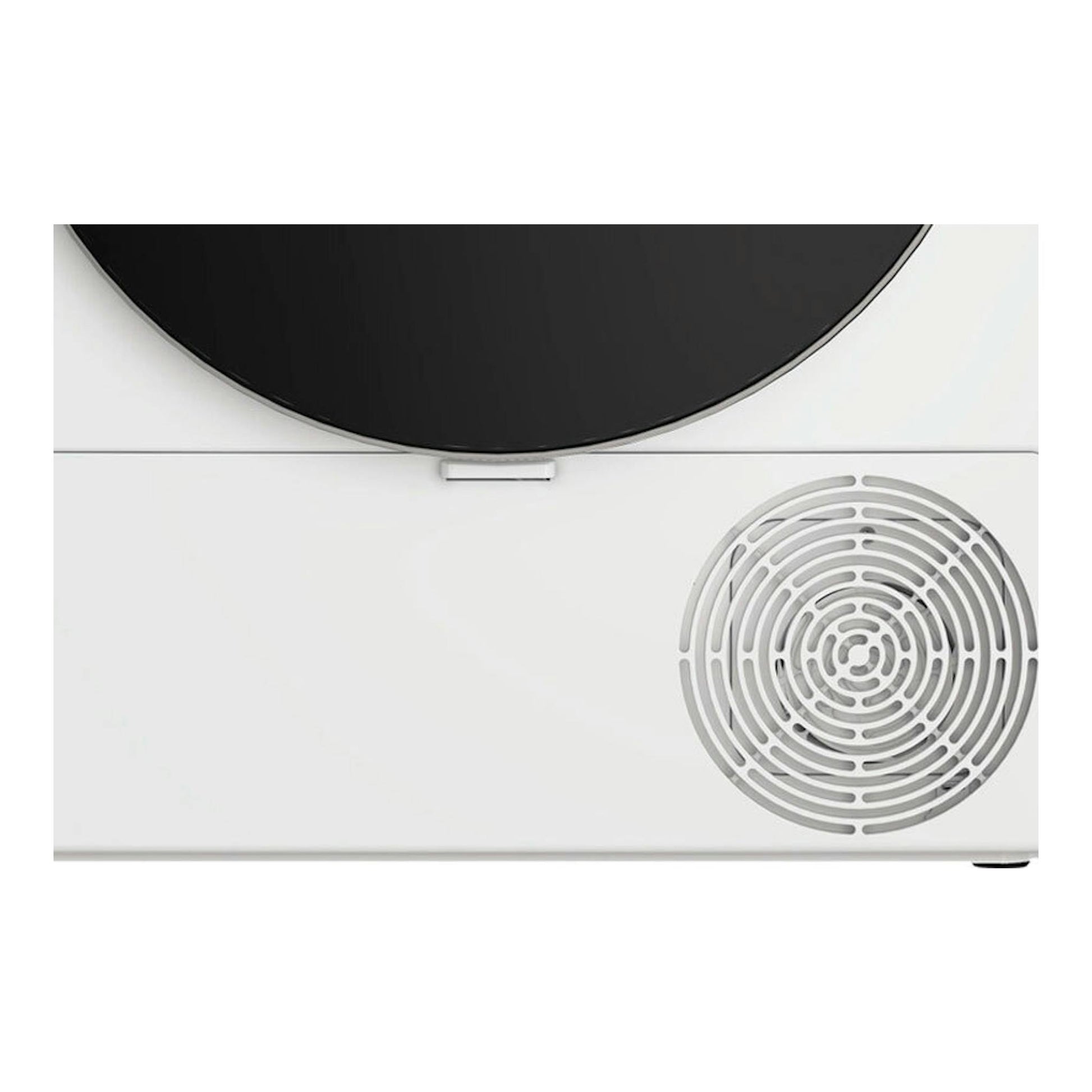 Secadora Whirlpool CWSD83MWBSES blanca, vista frontal parcial, con puerta negra y rejilla circular.