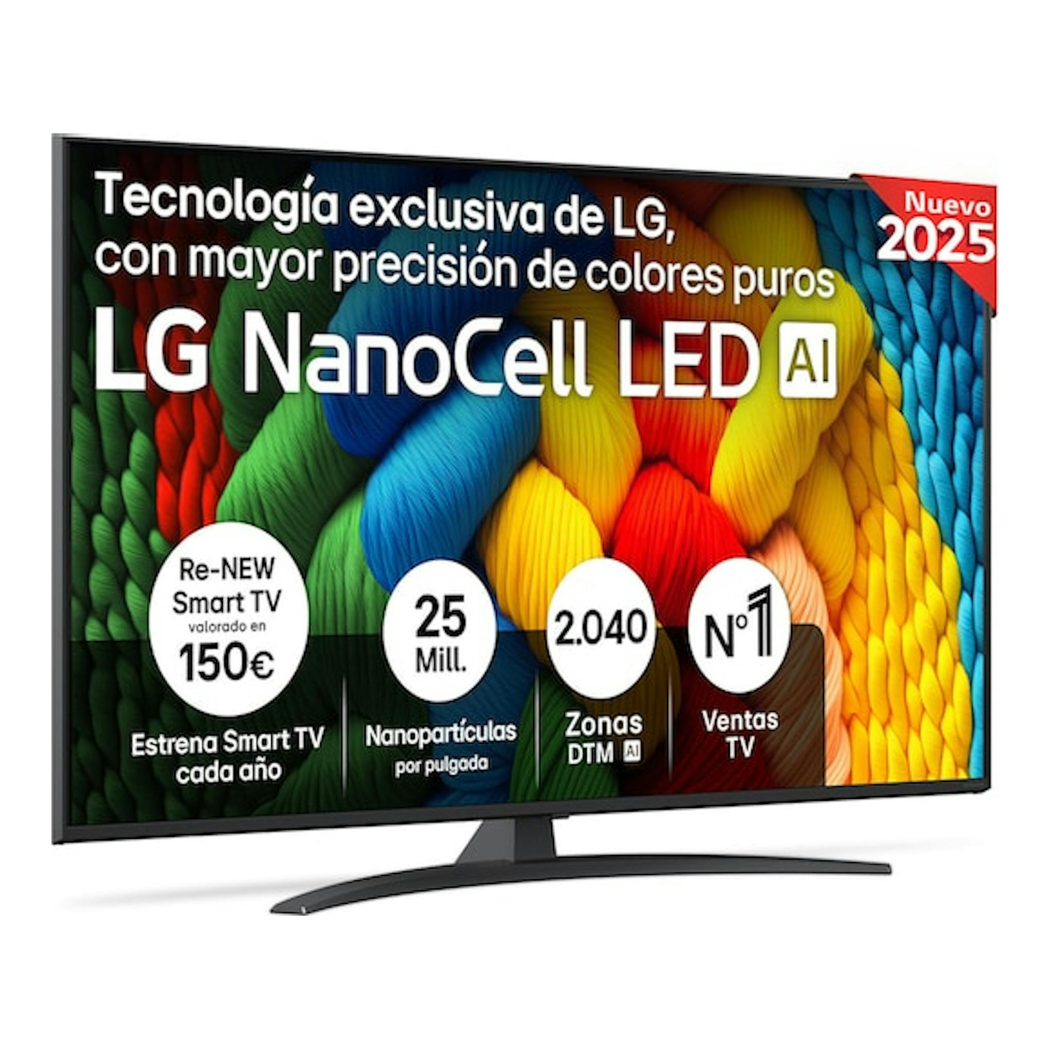Smart TV LG 55NANO81A6A NanoCell LED AI, vista frontal, con soporte negro y pantalla multicolor.