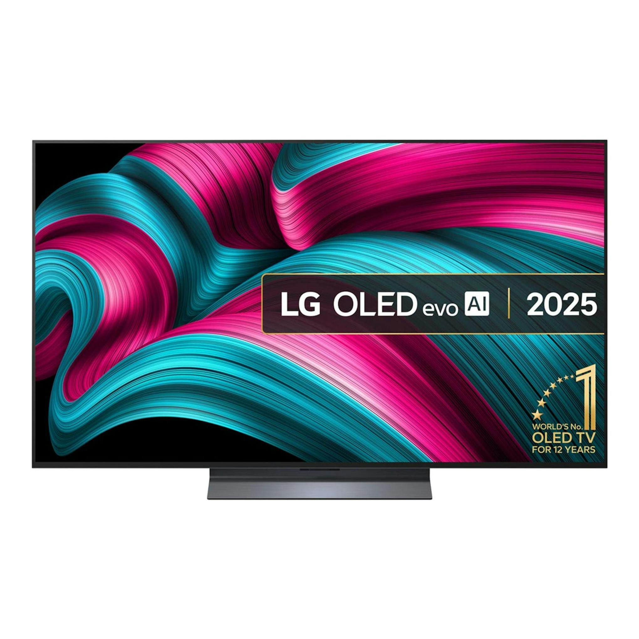 Televisor LG OLED55C54LA OLED evo AI, vista frontal, pantalla negra con imagen abstracta y base central.