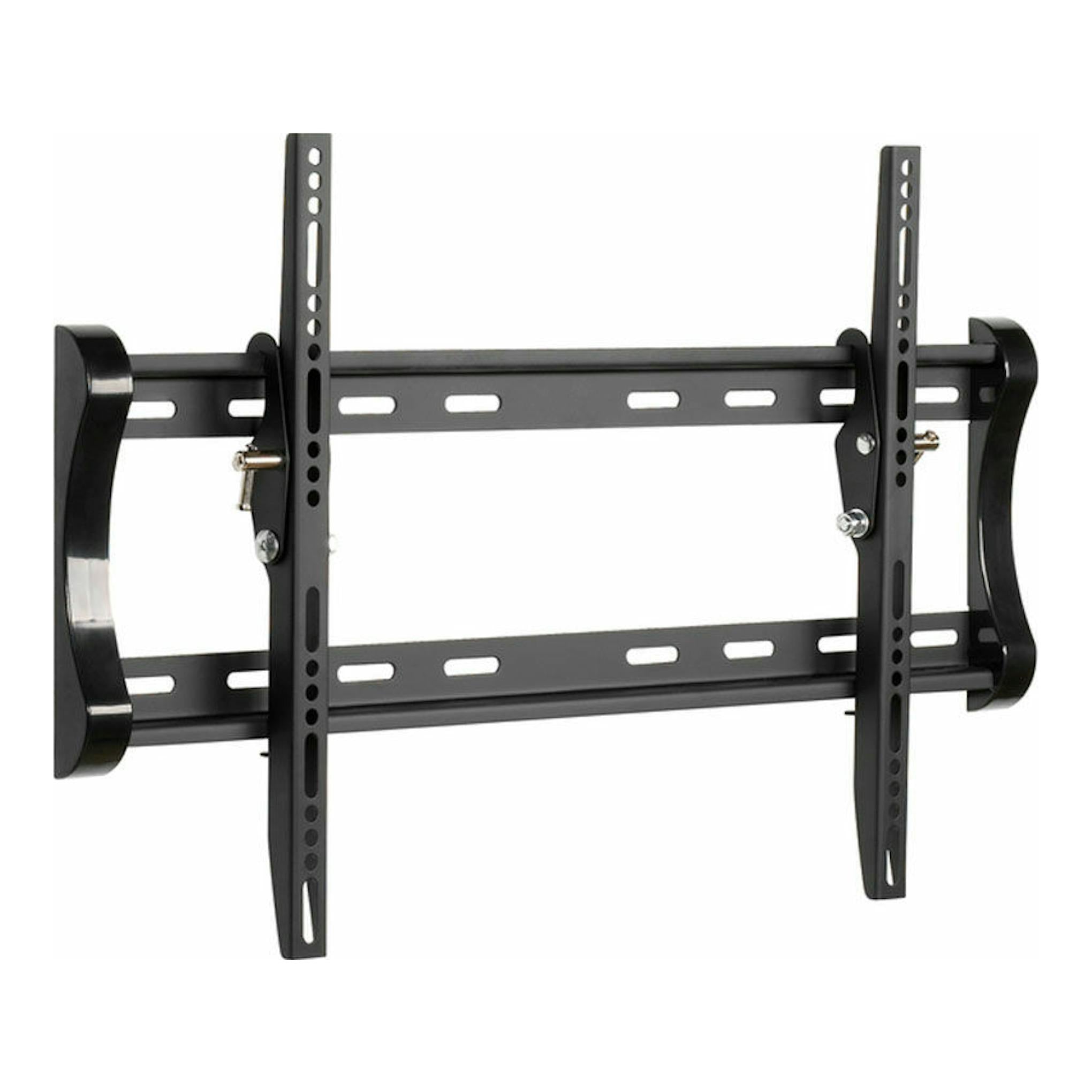 Soporte de pared para TV Vivanco BTI 6060, negro, vista frontal, con brazos y raíles verticales ajustables.