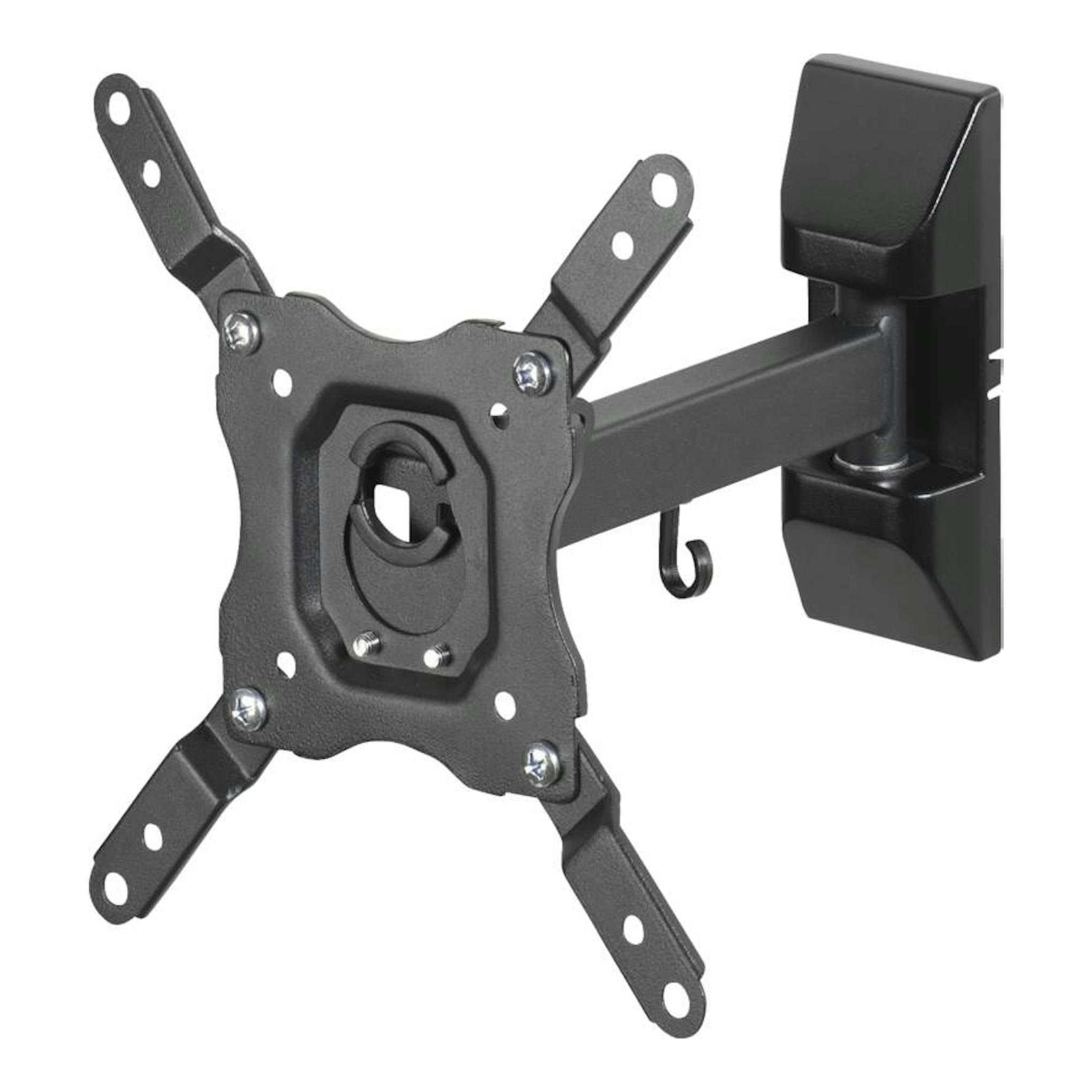 Soporte TV Vivanco VVTVOR43INCH25KG negro, vista frontal en pared, brazo articulado giratorio.