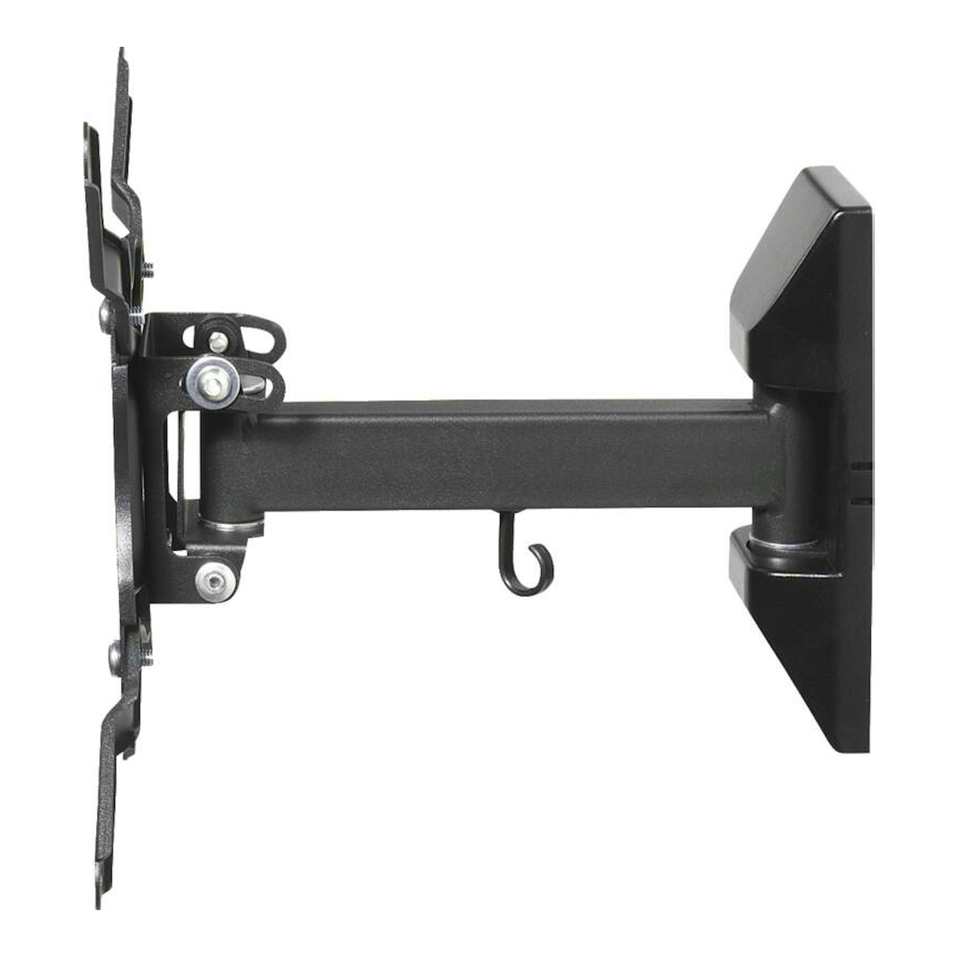 Soporte de TV Vivanco VVTVOR43INCH25KG negro, vista lateral, articulado y giratorio de pared.