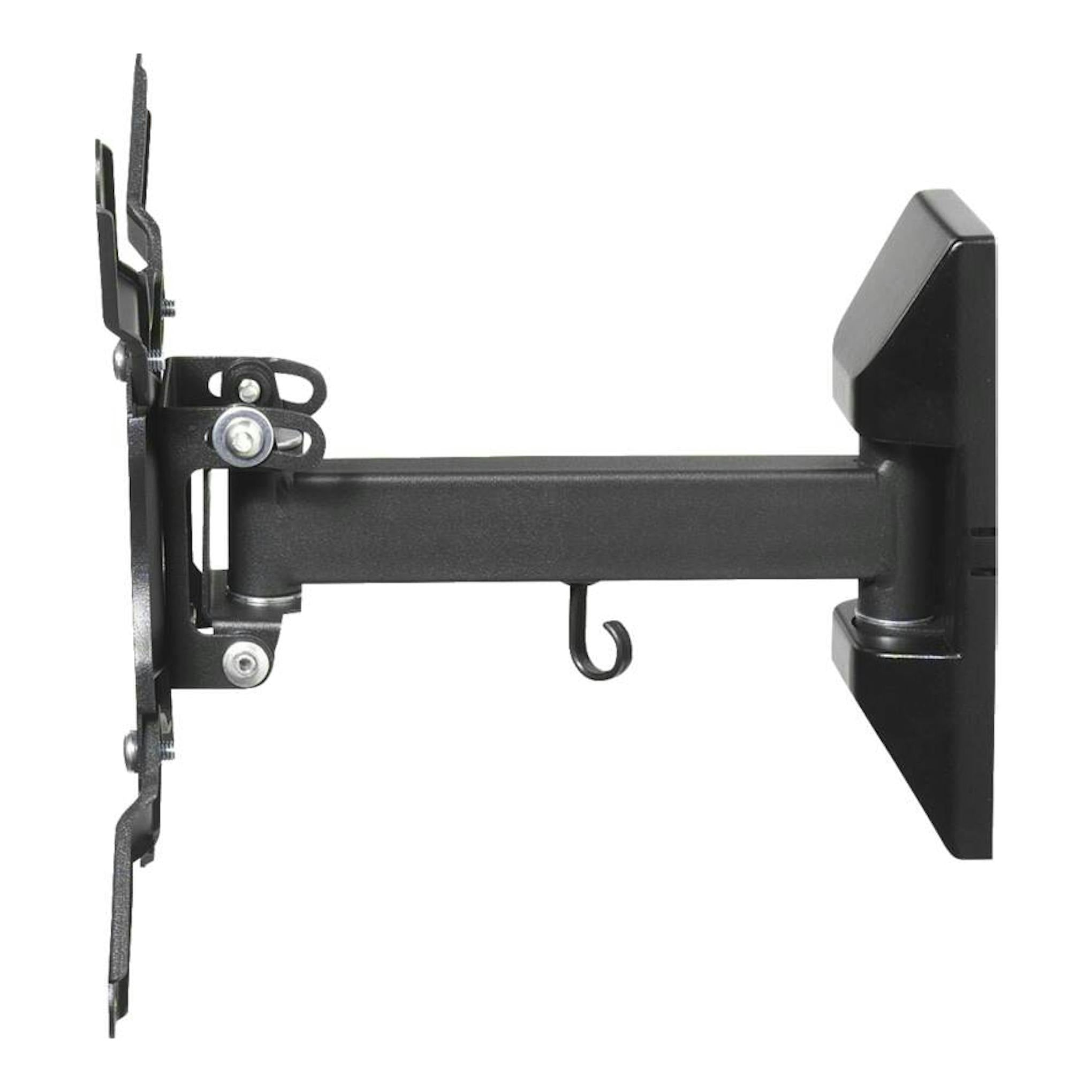Soporte de TV Vivanco VVTVOR43INCH25KG negro, vista lateral, articulado y giratorio de pared.