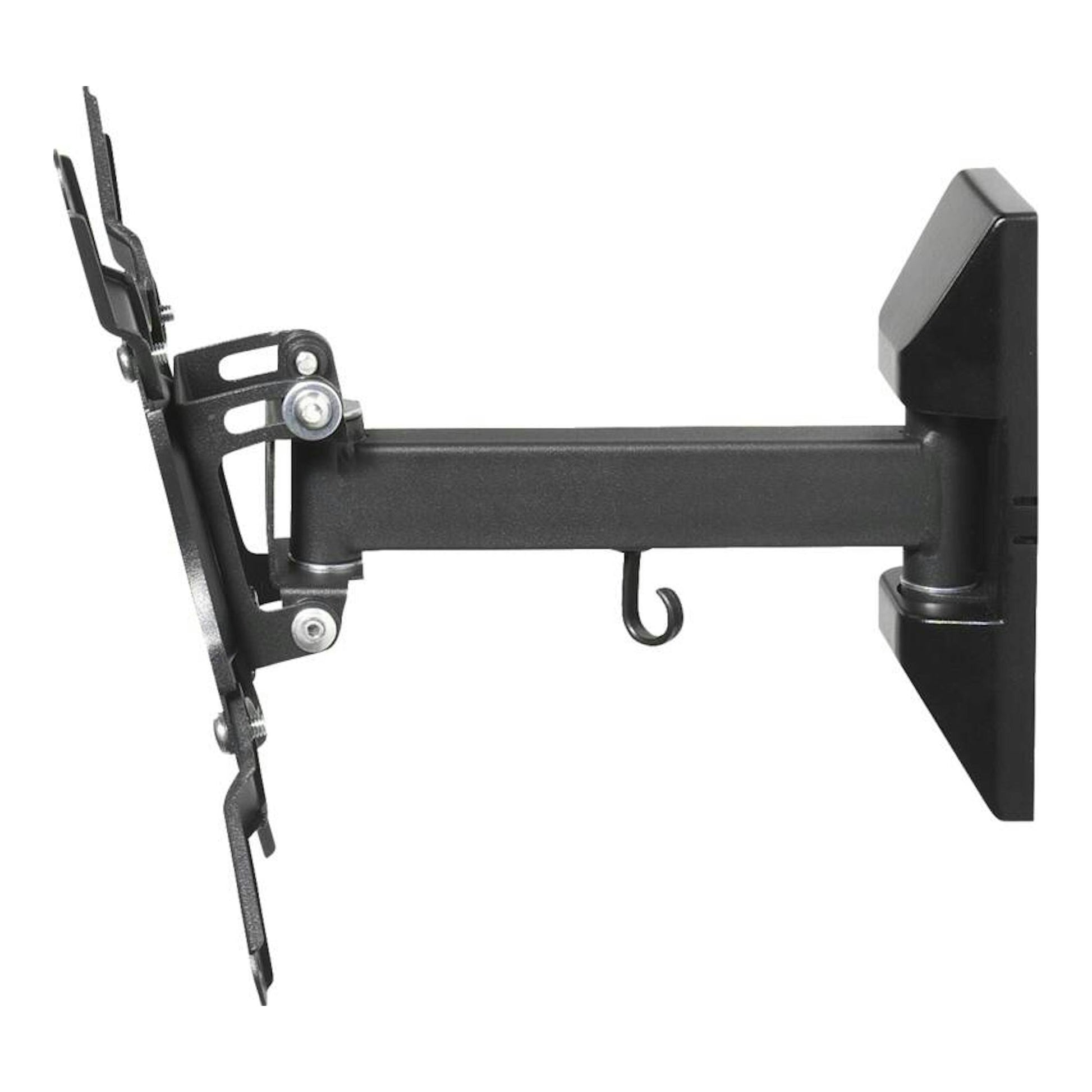 Soporte de TV Vivanco VVTVOR43INCH25KG negro, vista lateral, con brazo articulado y placa de pared.