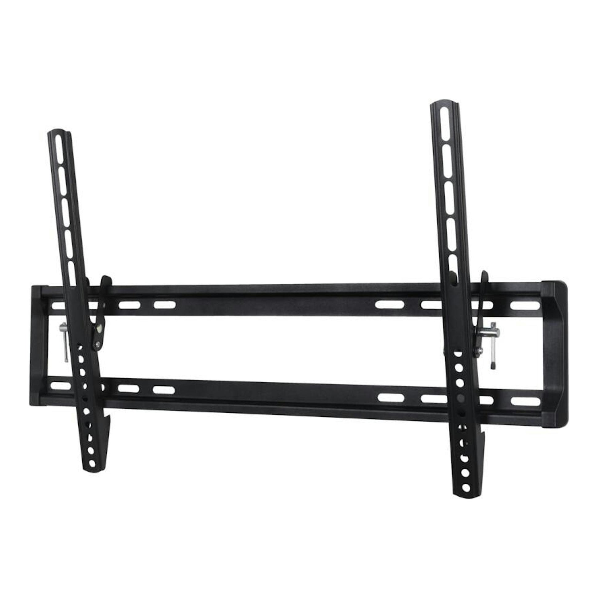 Soporte TV Vivanco VVTVTIL65INCH50KG negro, vista frontal, inclinable, con dos rieles.