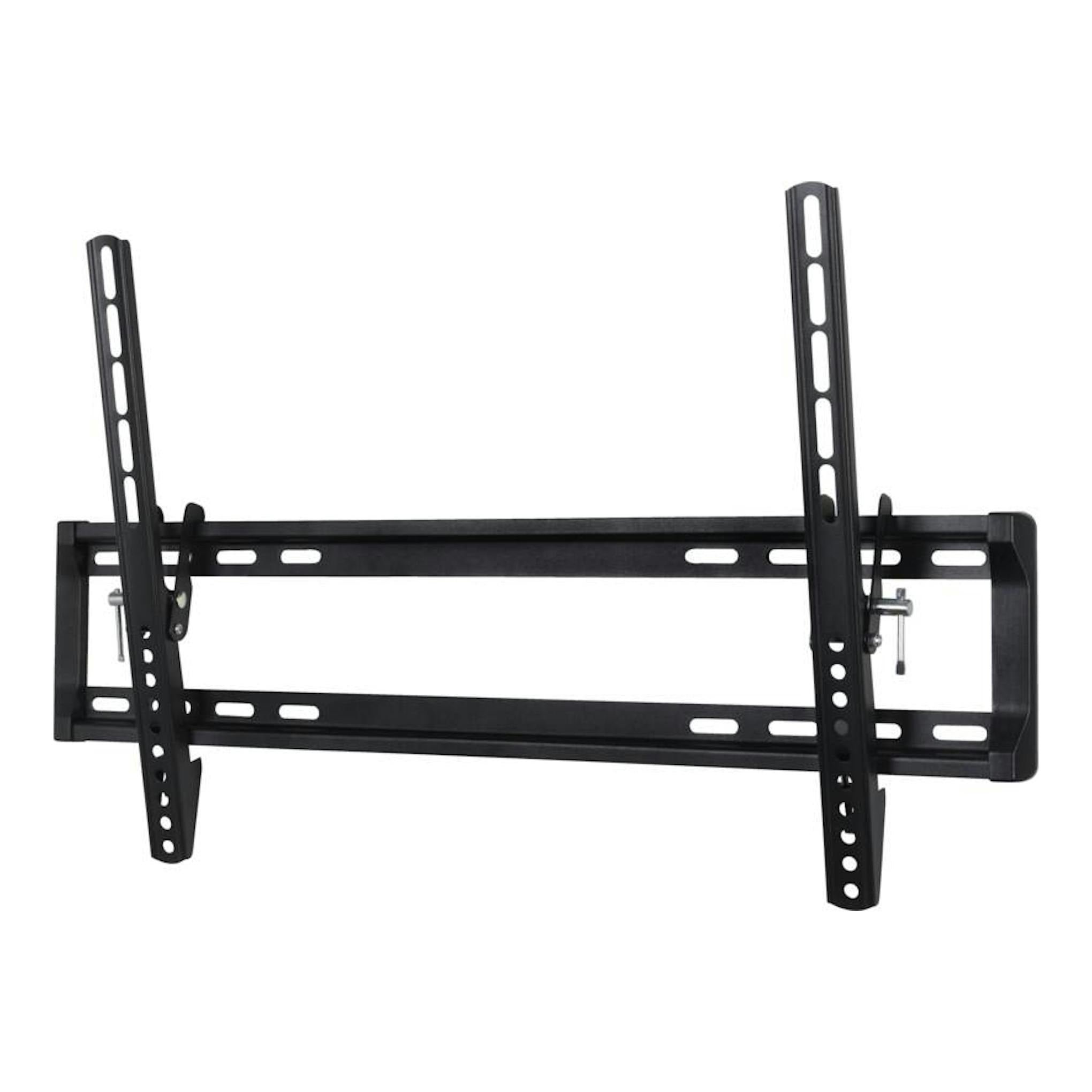 Soporte TV Vivanco VVTVTIL65INCH50KG negro, vista frontal, inclinable, con dos rieles.