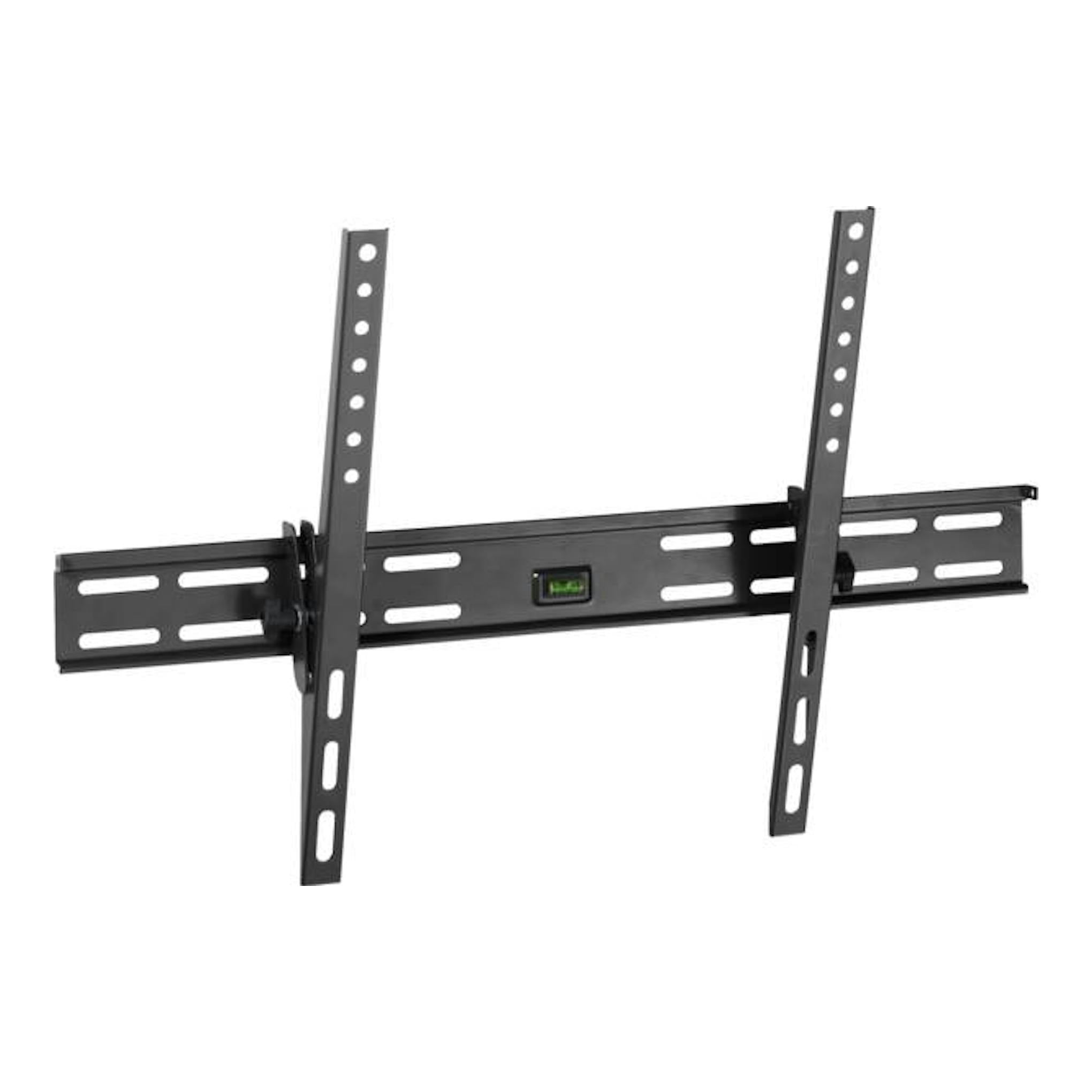 Soporte de pared para TV Vivanco VVTVTIL85INCH50KG, negro, vista frontal con dos raíles verticales.