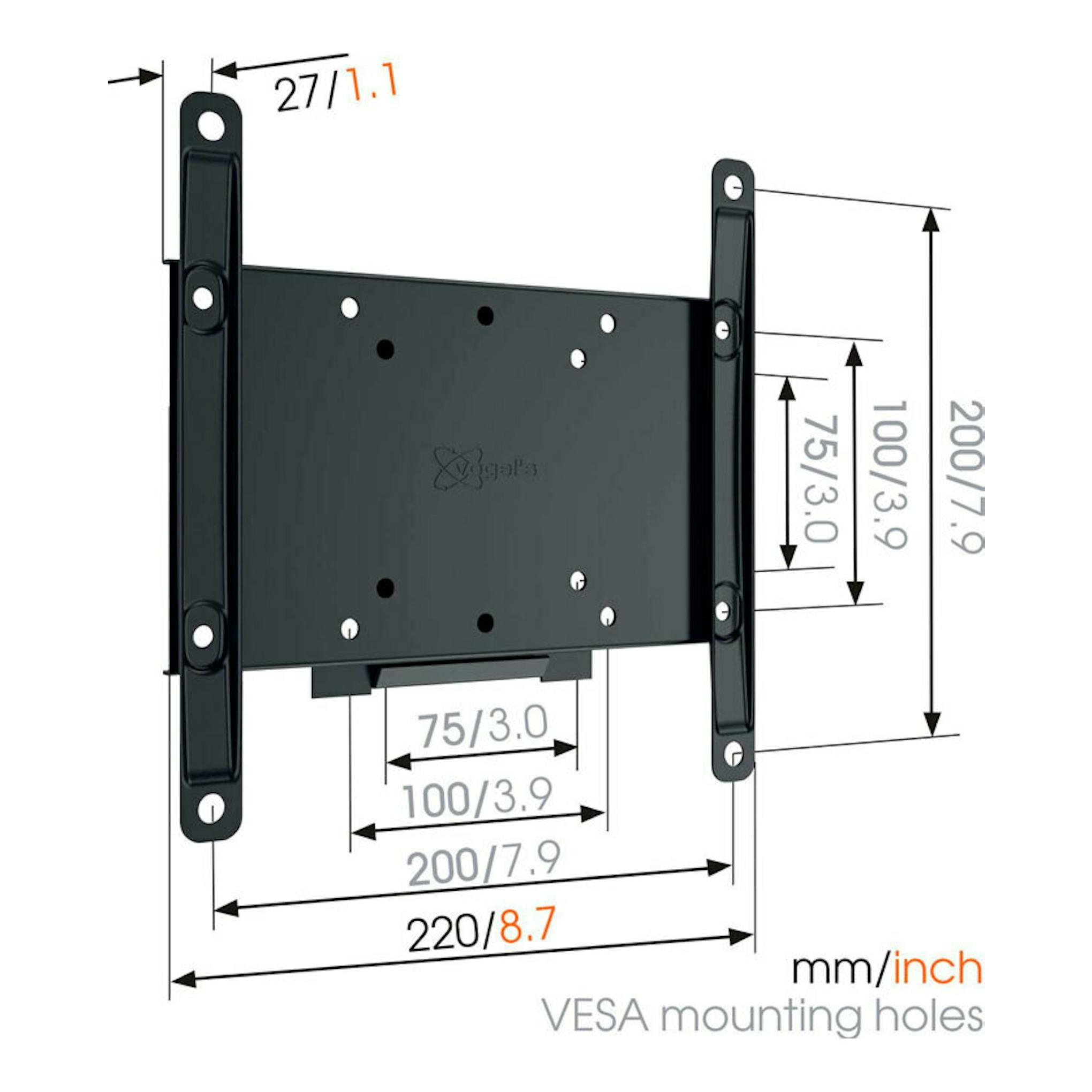 Soporte TV Vogel’s MA2000 negro, vista frontal, con placa VESA y medidas de montaje.