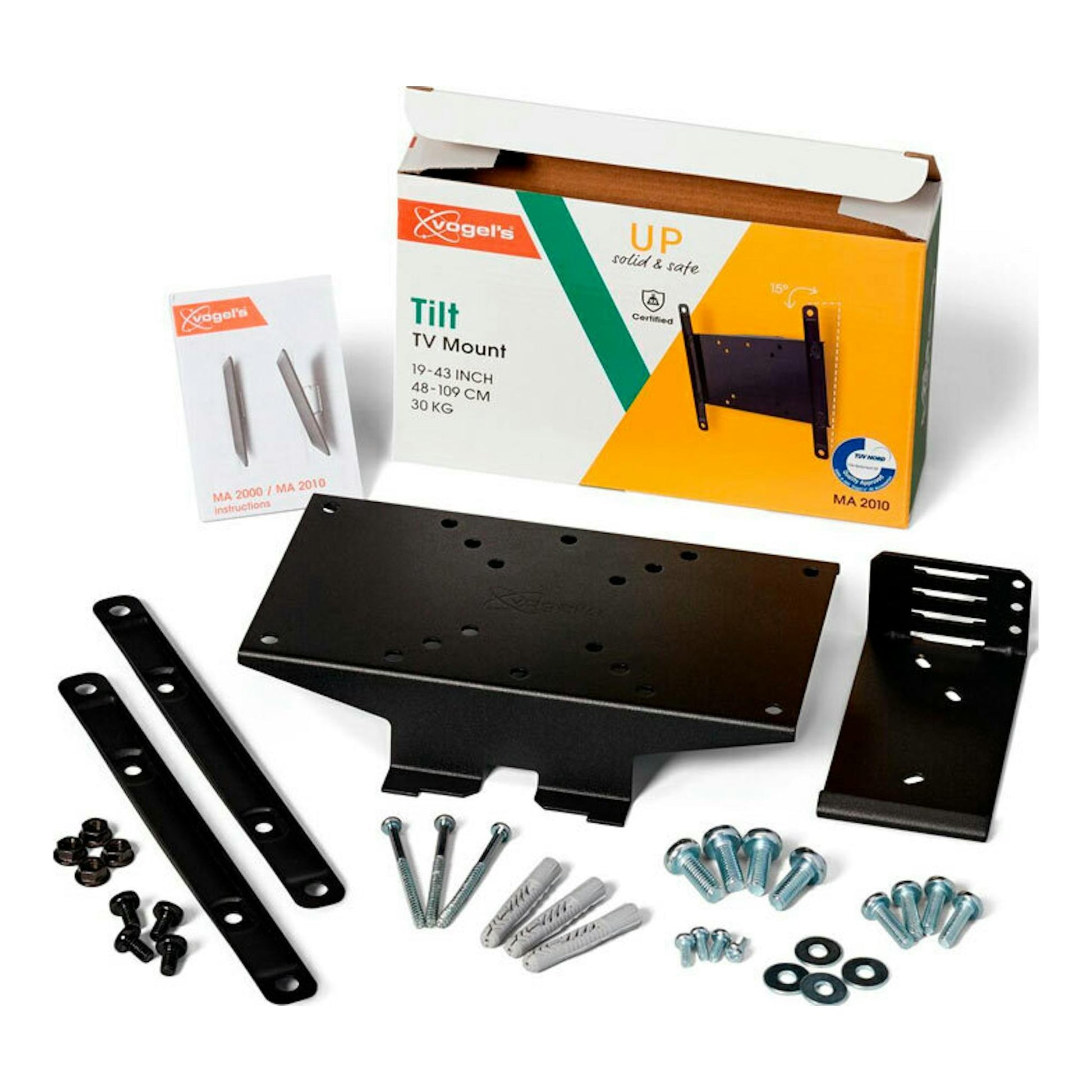 Soporte TV Vogel’s MA2010 negro, vista frontal, con caja, piezas, tornillos e instrucciones.