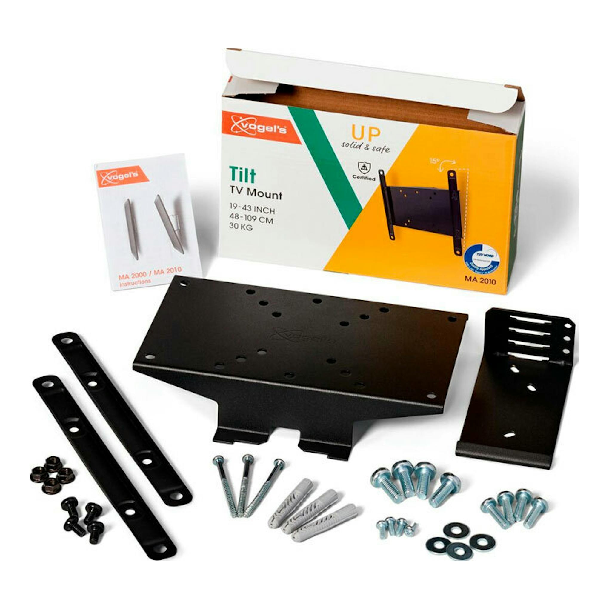 Soporte TV Vogel’s MA2010 negro, vista frontal, con caja, piezas, tornillos e instrucciones.