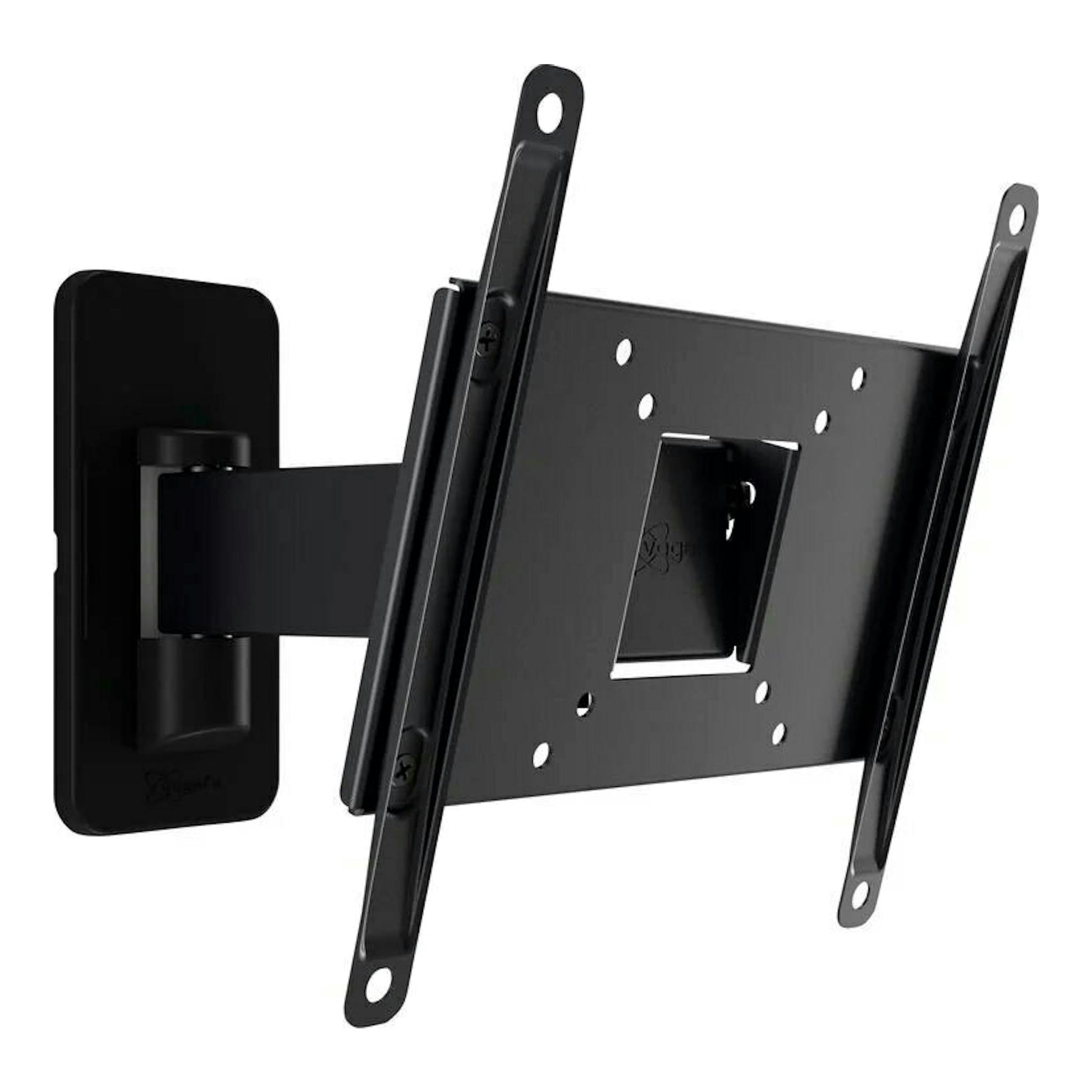Soporte de pared para TV Vogels MA2030 negro, vista frontal en ángulo, con brazo y placa VESA.