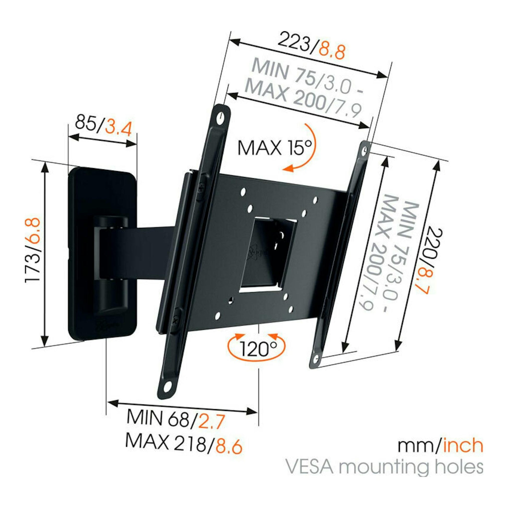 Soporte de TV Vogels MA2030 negro, vista frontal, con brazos articulados y medidas VESA.