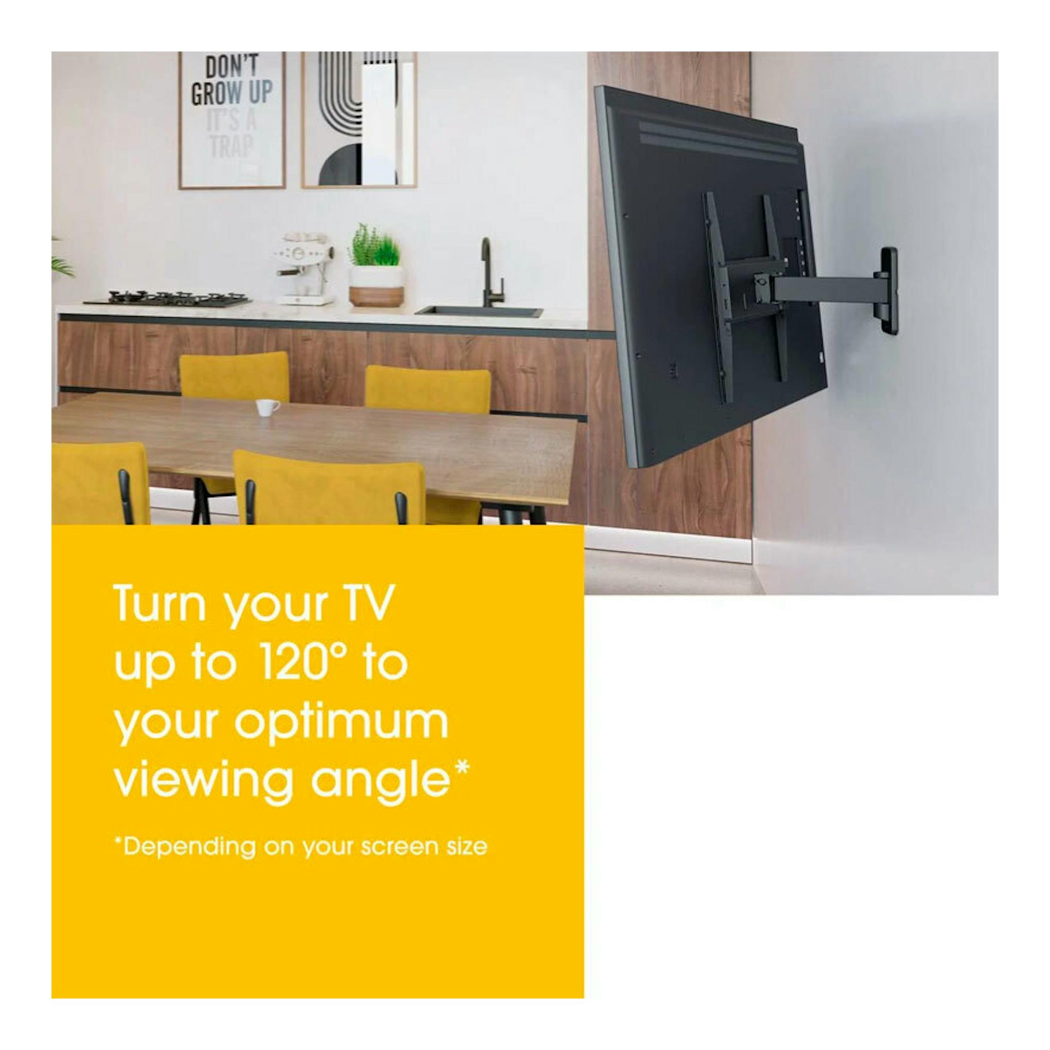 Soporte TV Vogel’s MA2030 negro, vista lateral, montado en pared con brazo articulado.