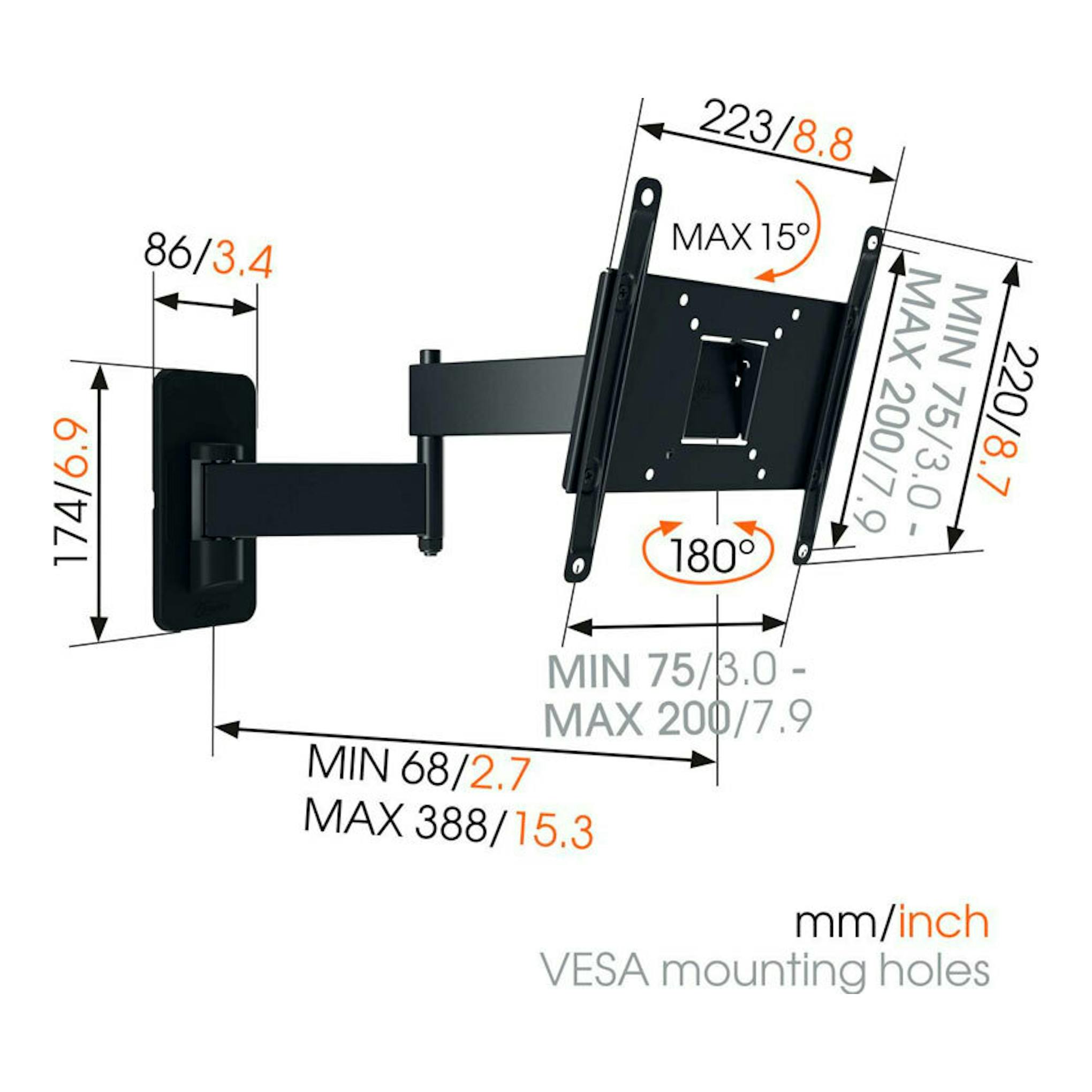 Soporte mural negro Vogels MA2040 para TV, articulado, con medidas VESA y vista frontal.
