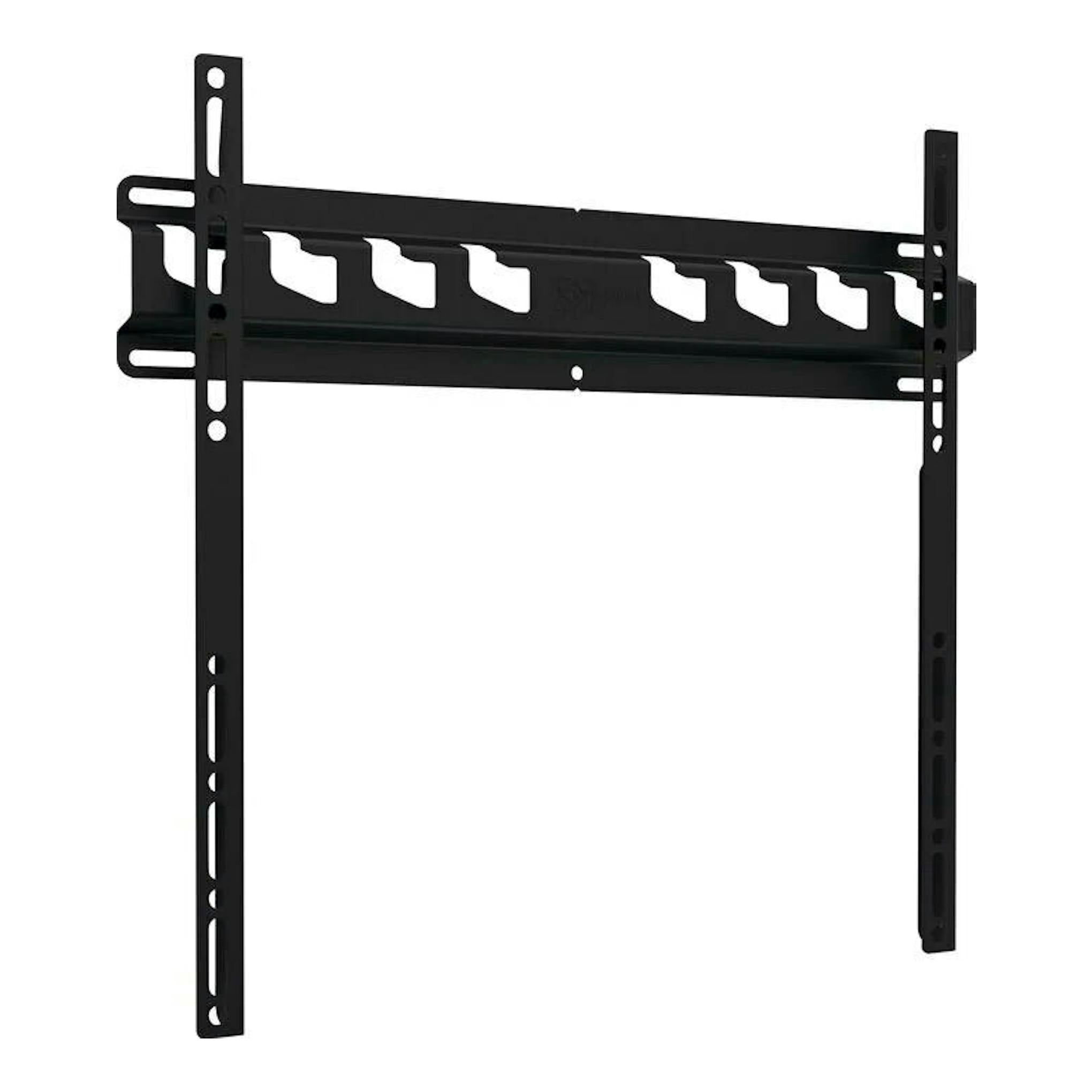 Soporte de TV negro Vogels MA3000, vista frontal, con dos rieles verticales sobre fondo blanco.