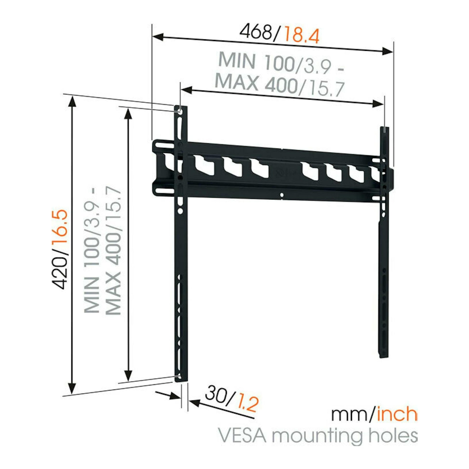 Soporte mural para TV Vogels MA3000 negro, vista frontal con medidas VESA y dimensiones en mm/pulgadas.