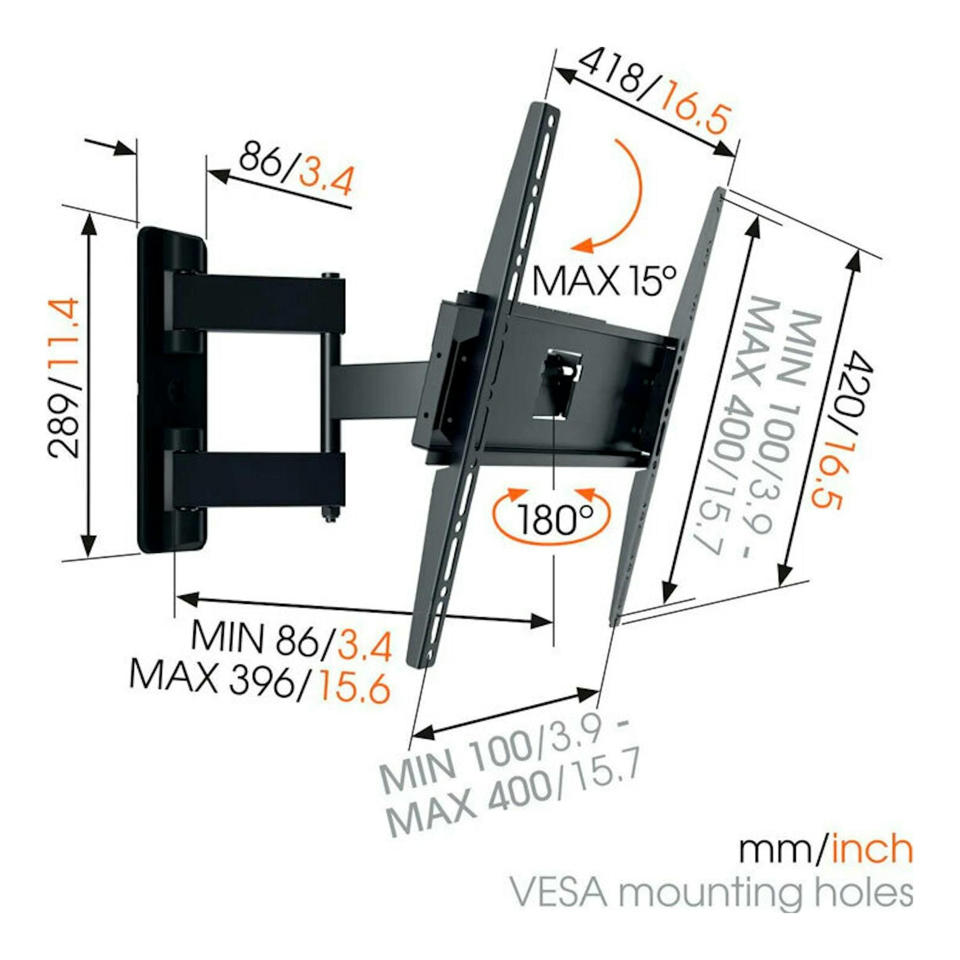 Soporte de pared para TV Vogels MA3040 negro, vista lateral e isométrica con medidas VESA, inclinación 15° y giro 180°.