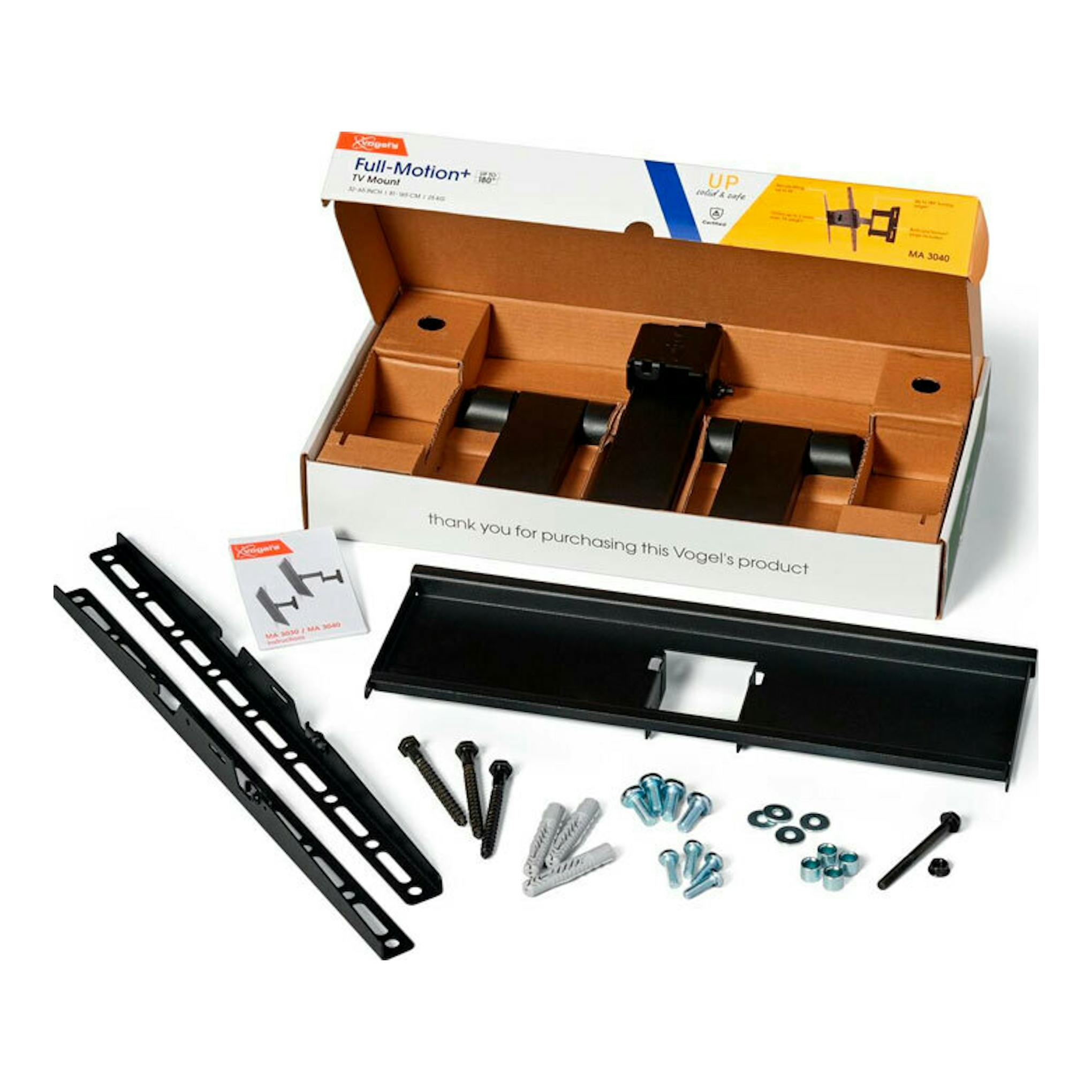 Kit de soporte TV Vogel's MA3040 negro, con caja abierta, piezas y tornillería sobre fondo blanco.